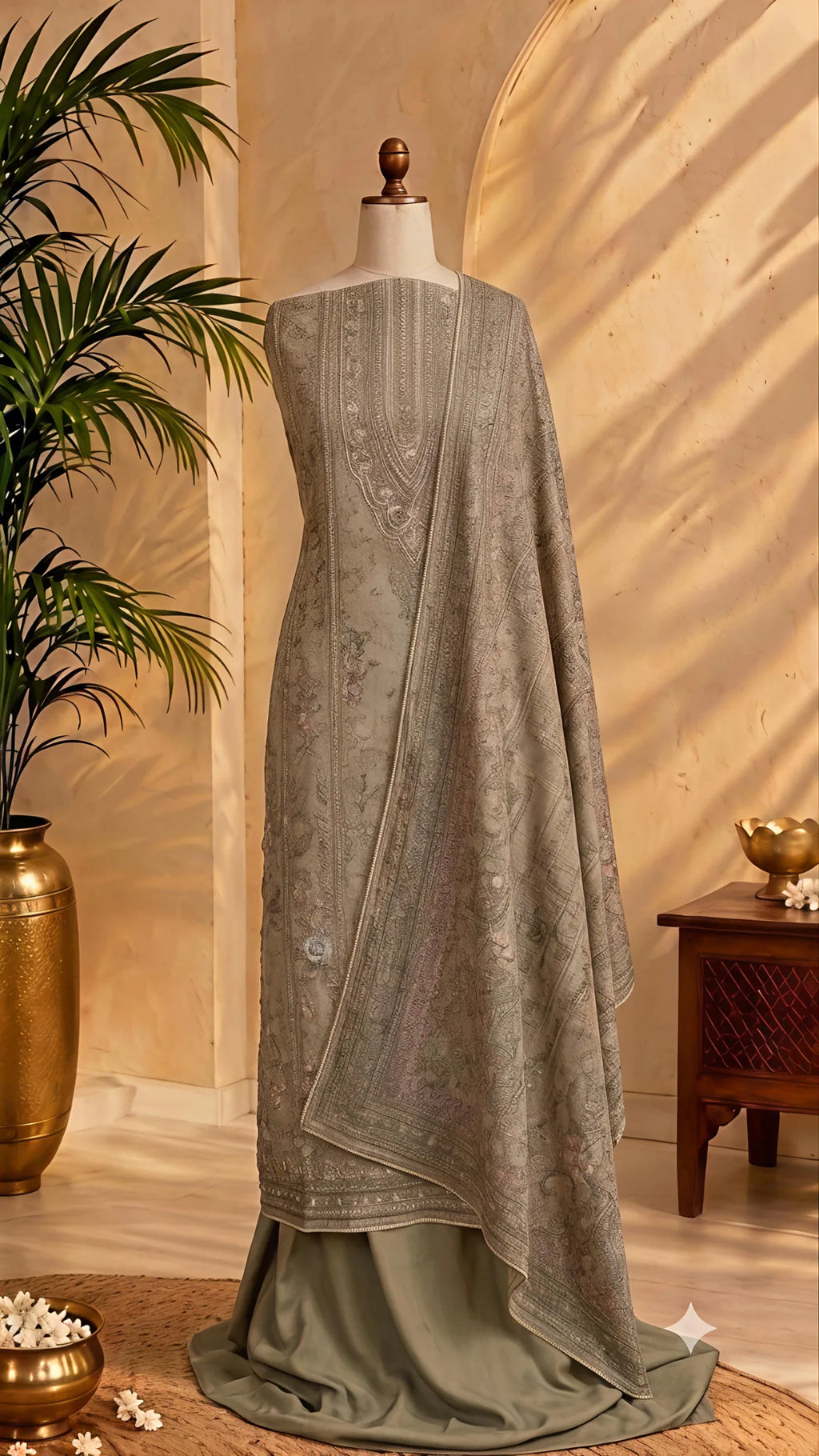 Mineral Green Kashmiri Embroidered Unstitched Suit Set