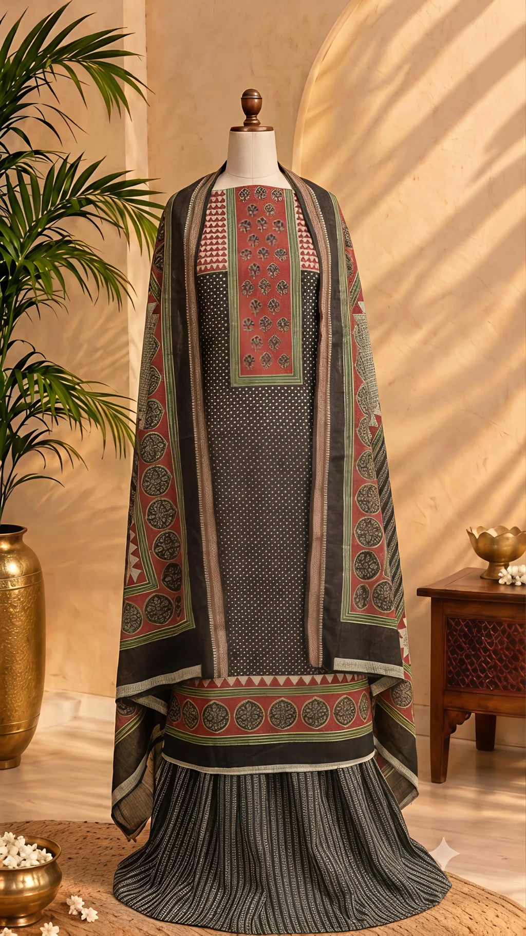 Charcoal Black Ajrakh Print Unstitched Suit Set