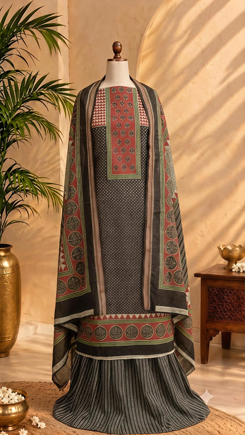 Charcoal Black Ajrakh Print Unstitched Suit Set