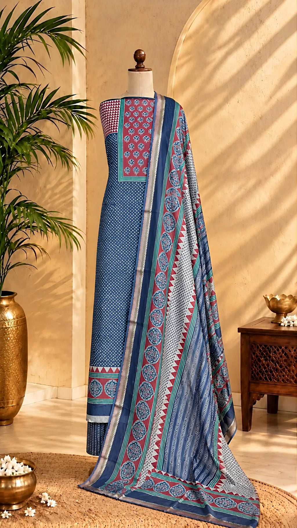 Indigo Blue Ajrakh Print Unstitched Suit Set