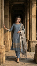 Silver Mist Stripe Cotton Unstitched Suit Set