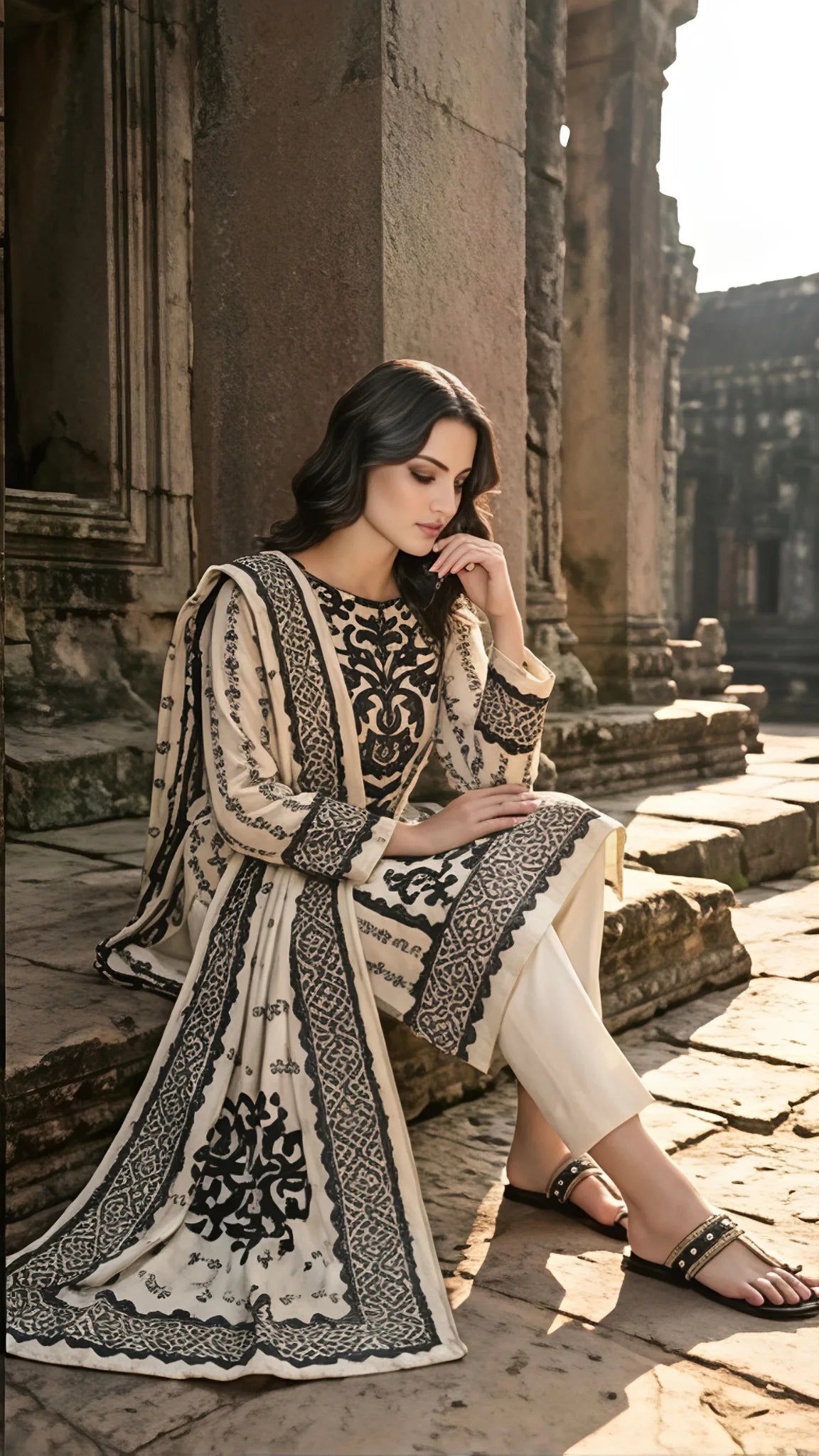 Ivory Noir Elegance Unstitched Suit Set