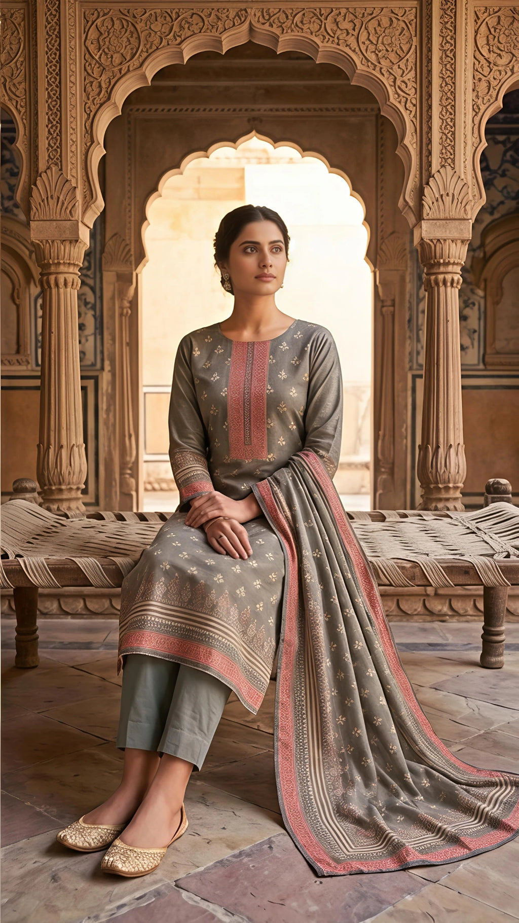 Olive Grey Heritage Printed Suit Set