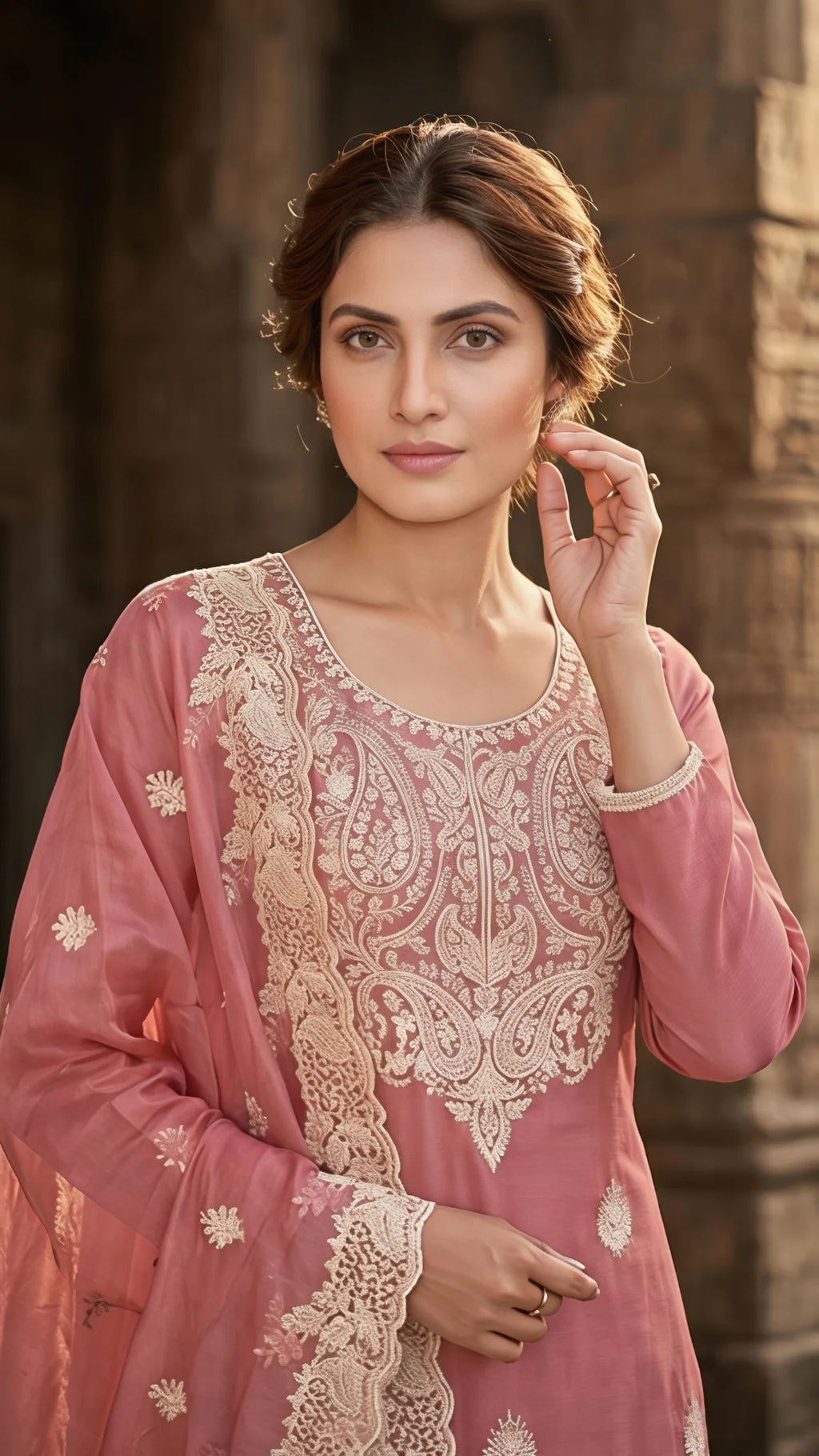 Gulnaar Rosé Embroidered Suit Set