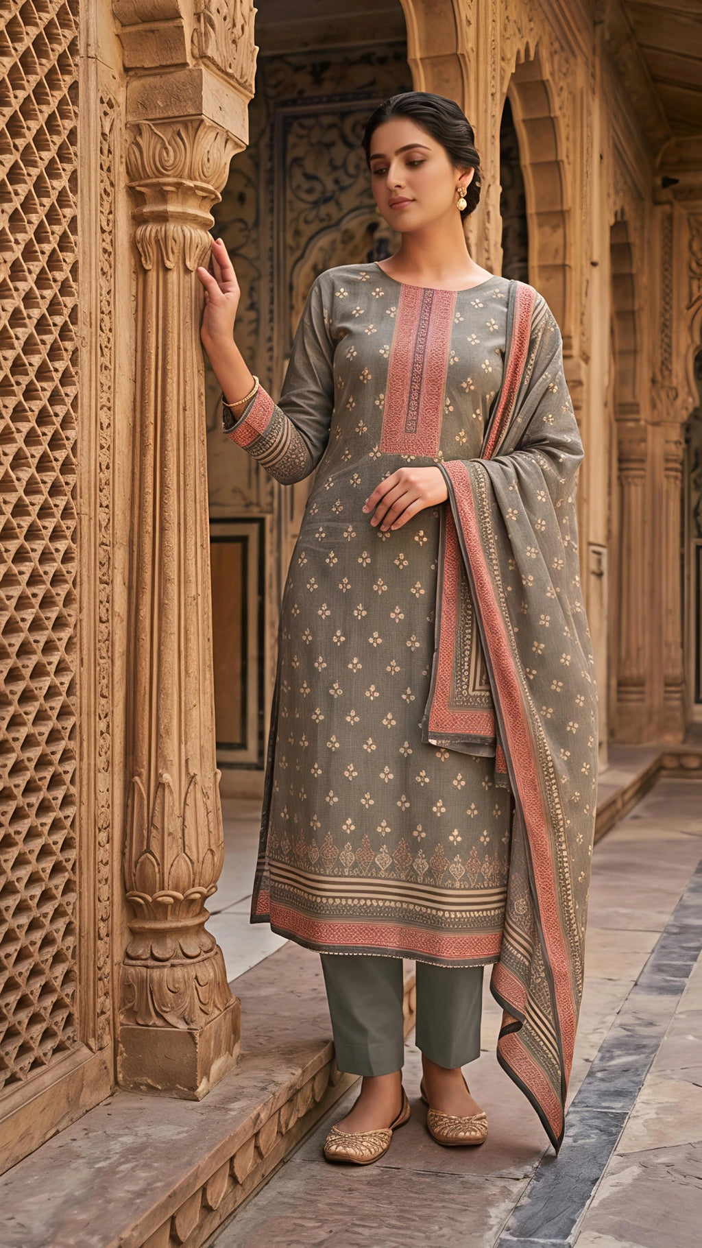 Olive Grey Heritage Printed Suit Set