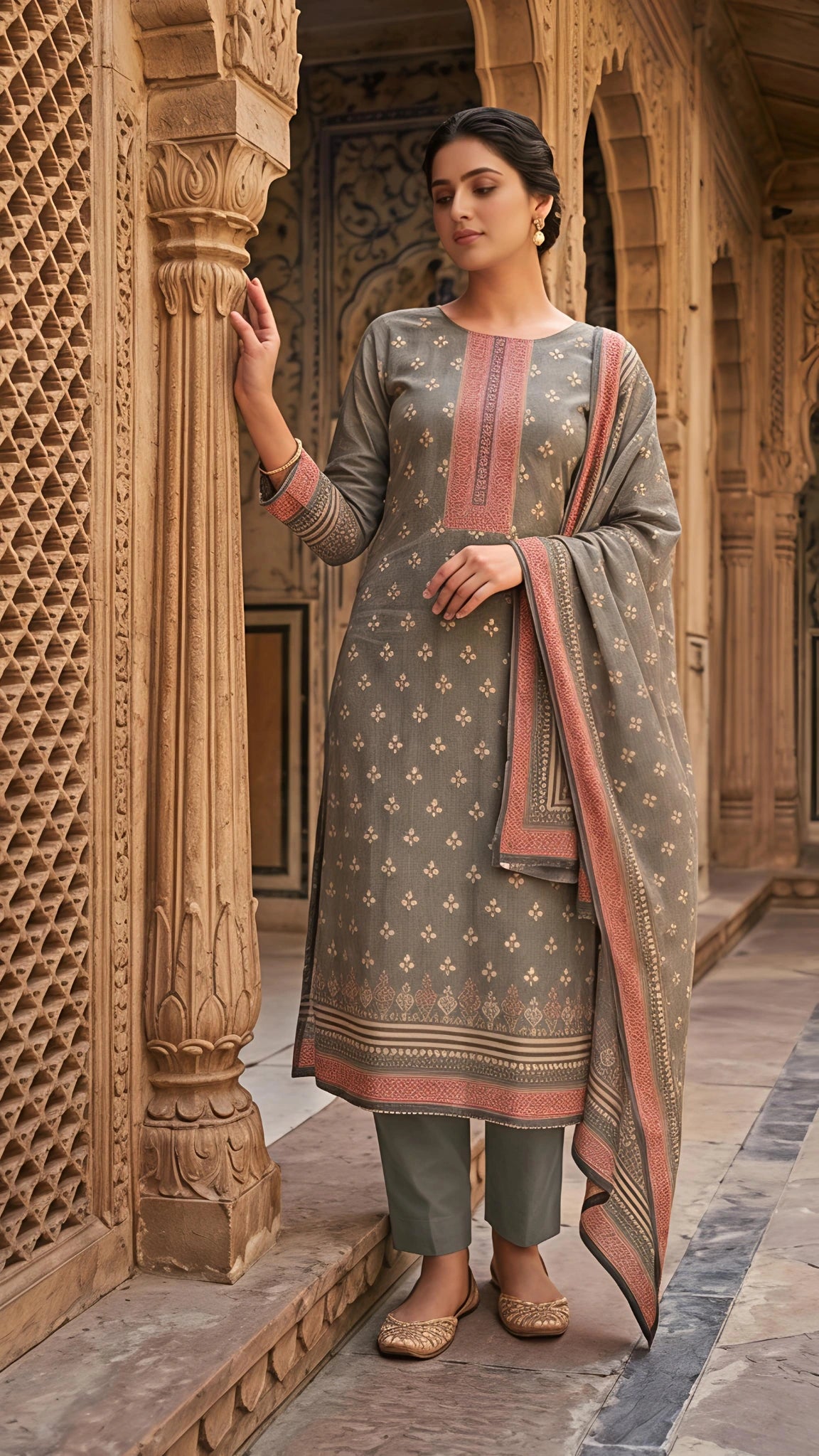 Olive Grey Heritage Printed Suit Set