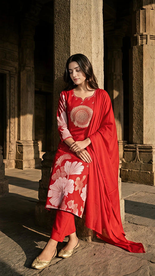 Crimson Mandala Elegance Cotton Stitched Suit Set