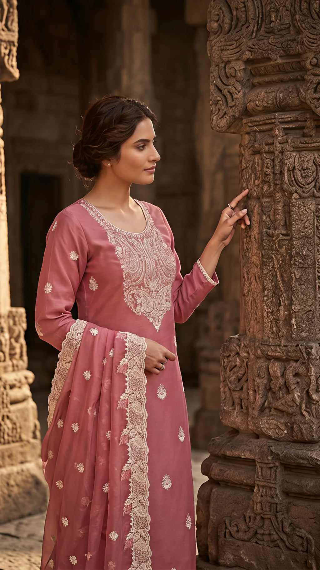 Gulnaar Rosé Embroidered Suit Set