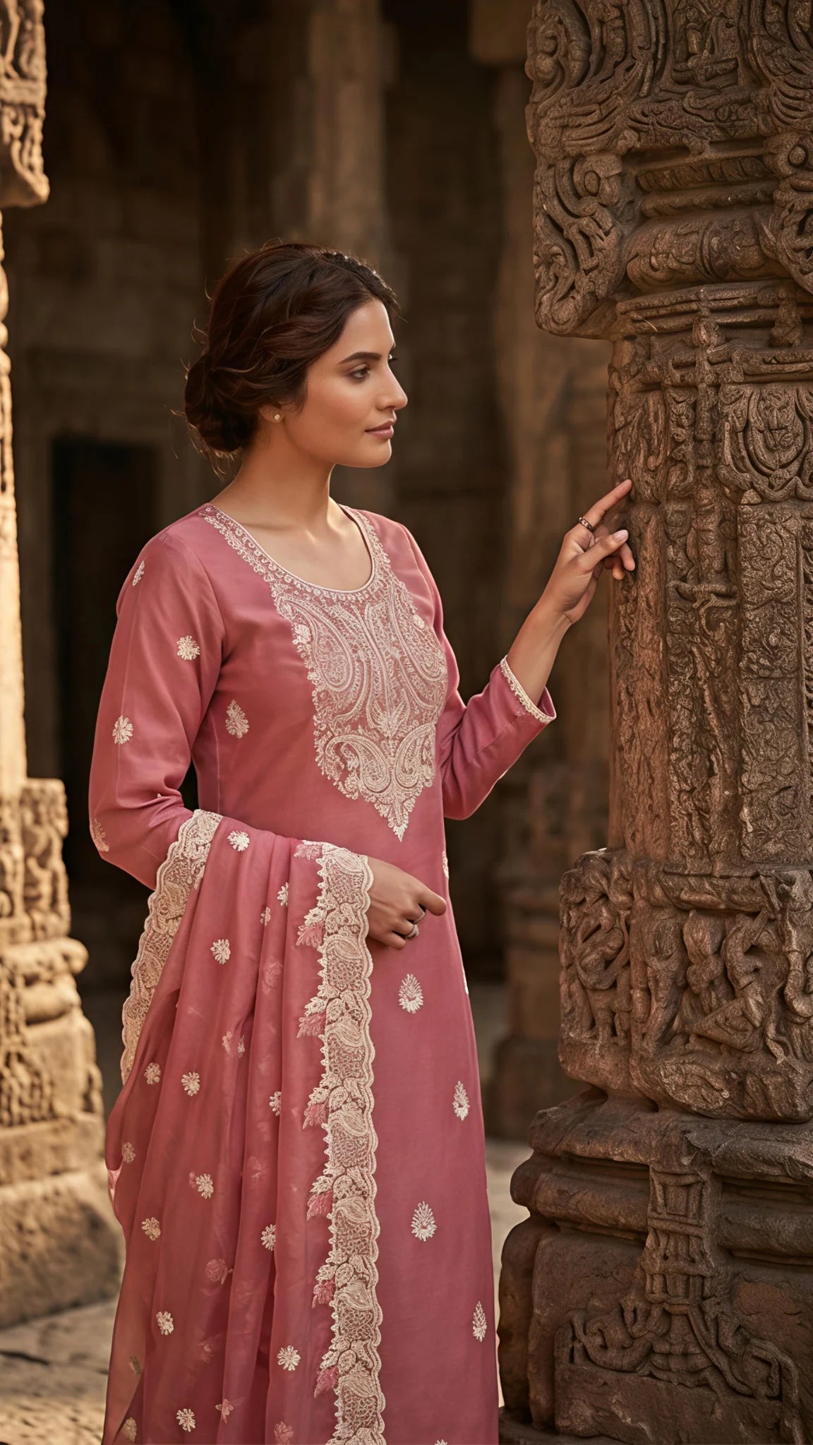 Gulnaar Rosé Embroidered Suit Set