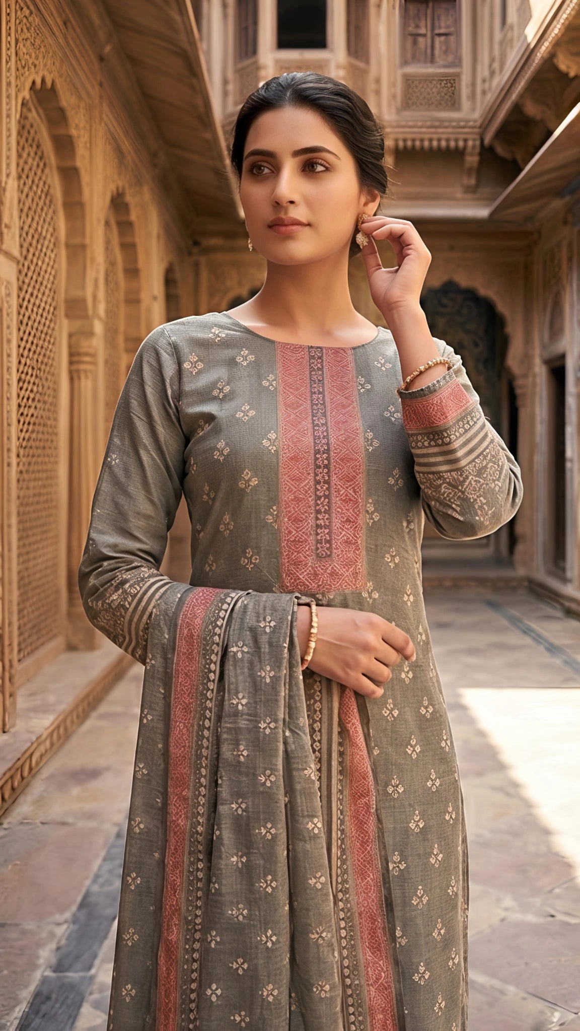 Olive Grey Heritage Printed Suit Set
