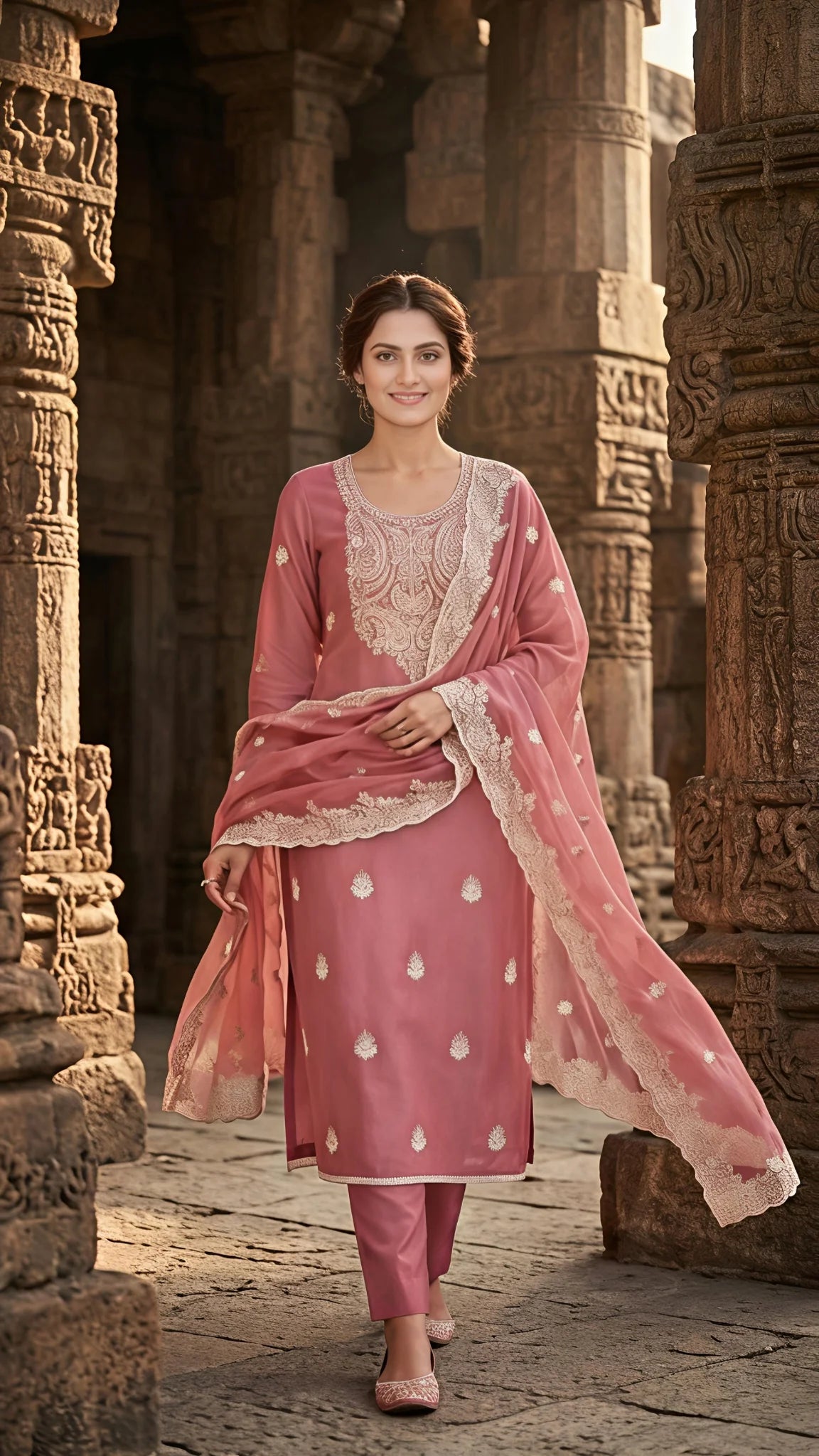 Gulnaar Rosé Embroidered Suit Set