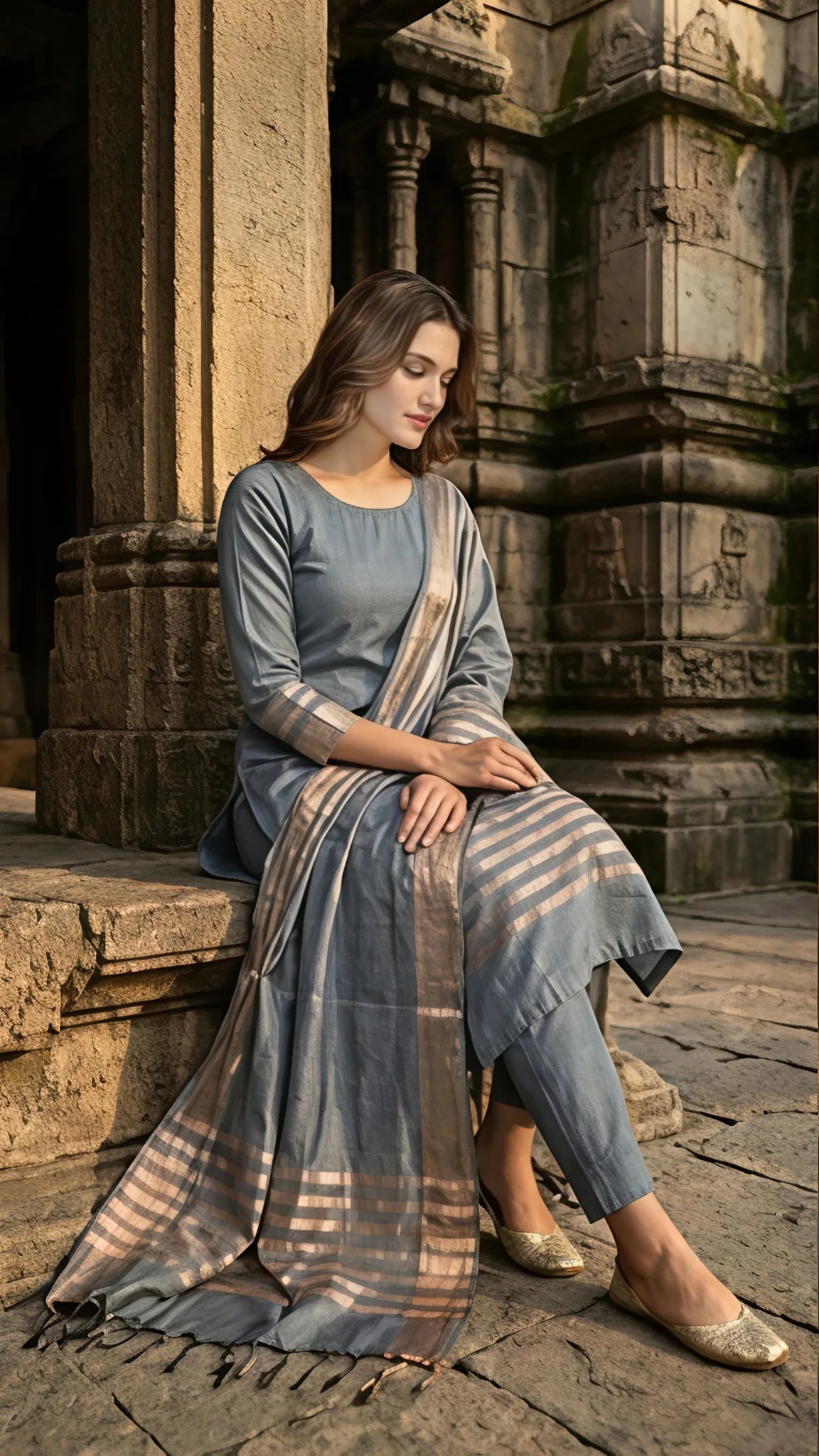 Silver Mist Stripe Cotton Unstitched Suit Set