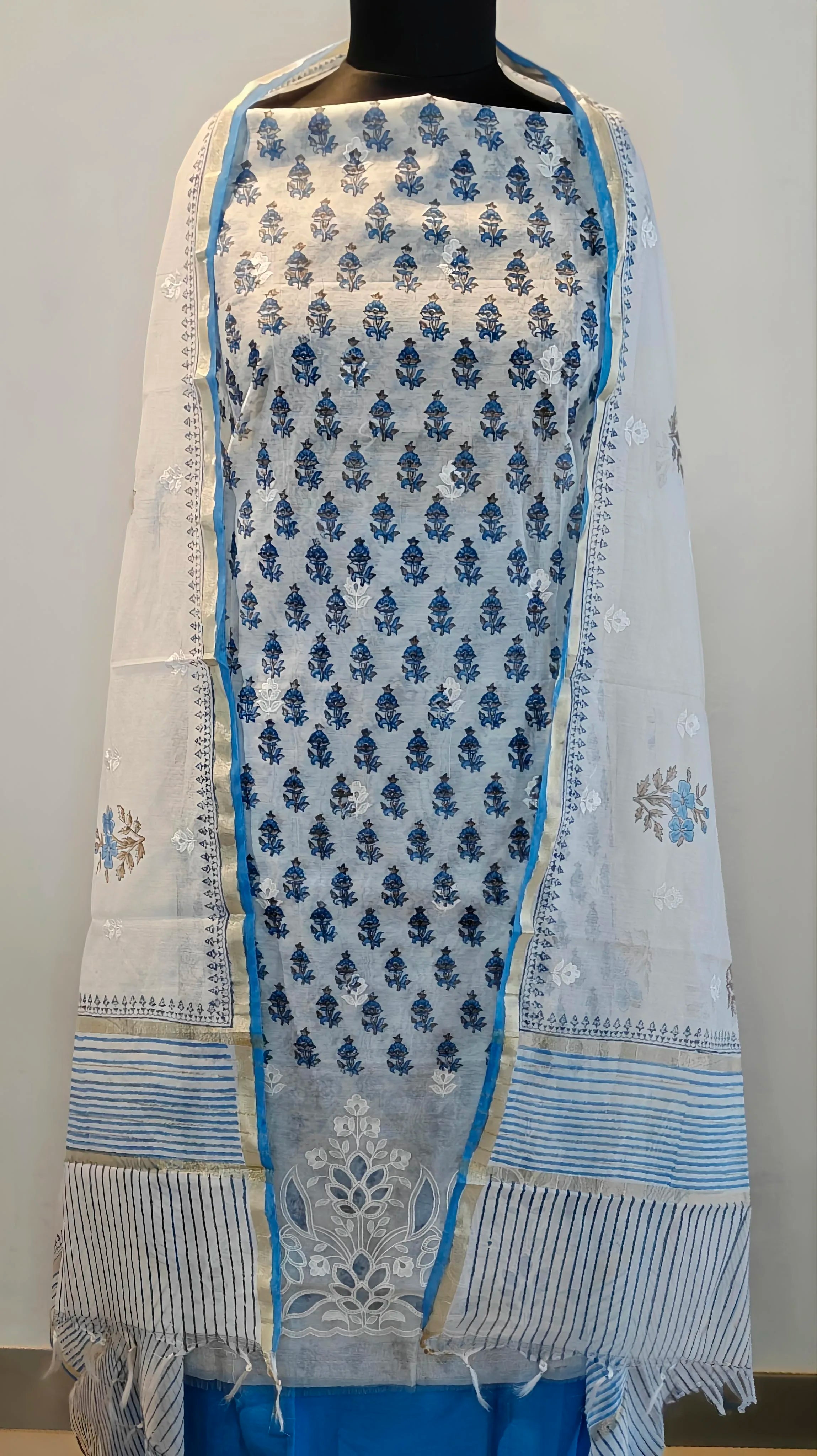 Ivory Blue Handblock Print Suit Set