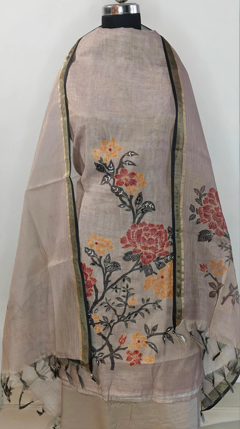 Elegant Taupe Floral Printed Suit Set