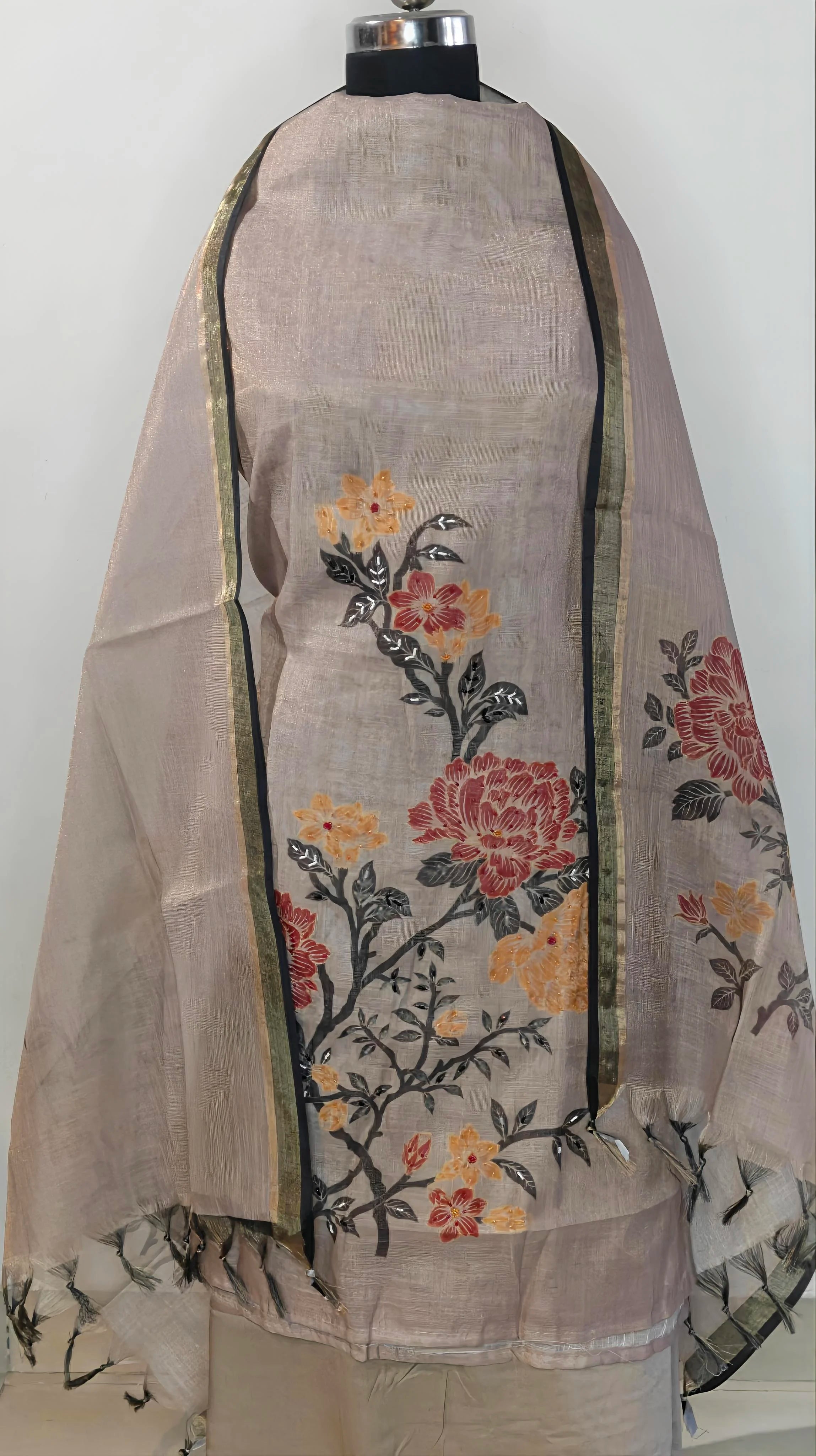 Elegant Taupe Floral Printed Suit Set