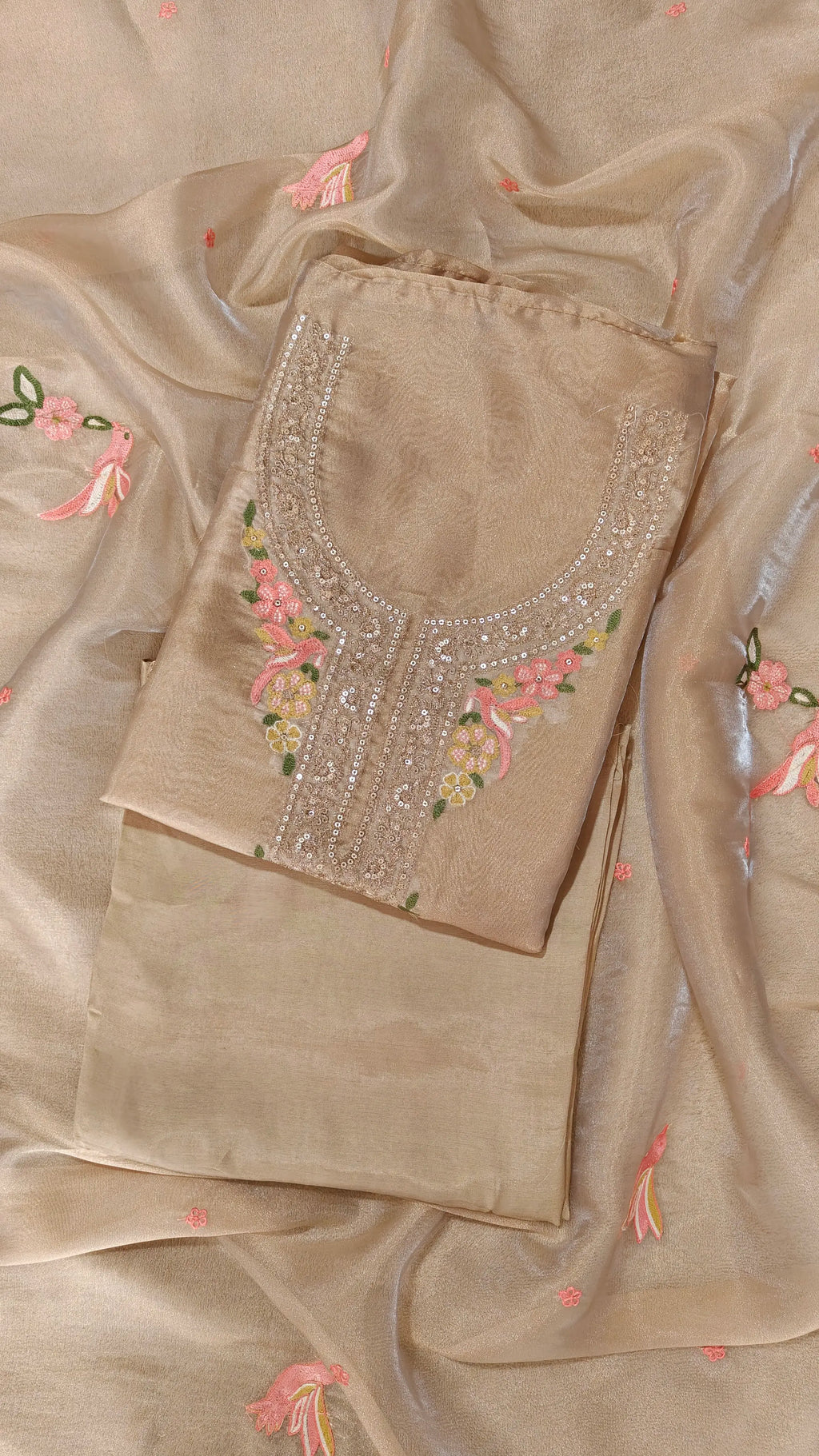 Gold Organza Embroidered Unstitched Festive Suit