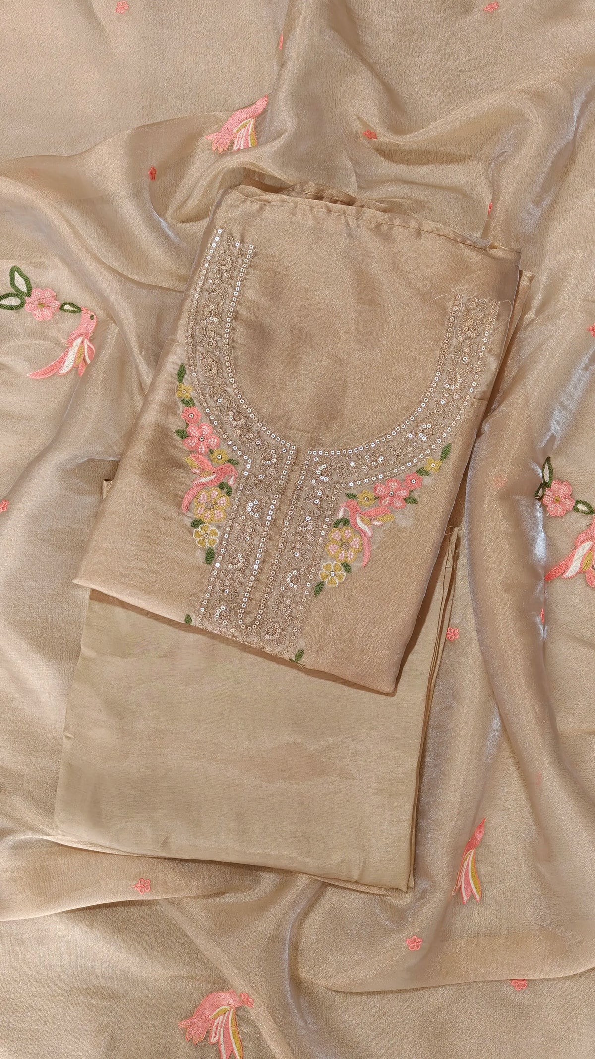 Gold Organza Embroidered Unstitched Festive Suit