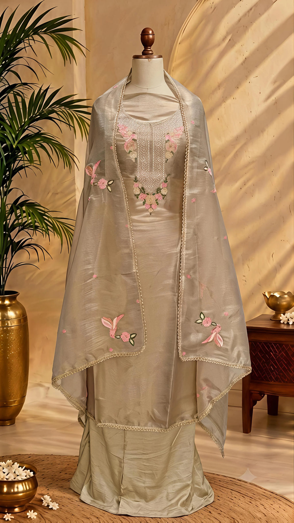 Gold Organza Embroidered Unstitched Festive Suit