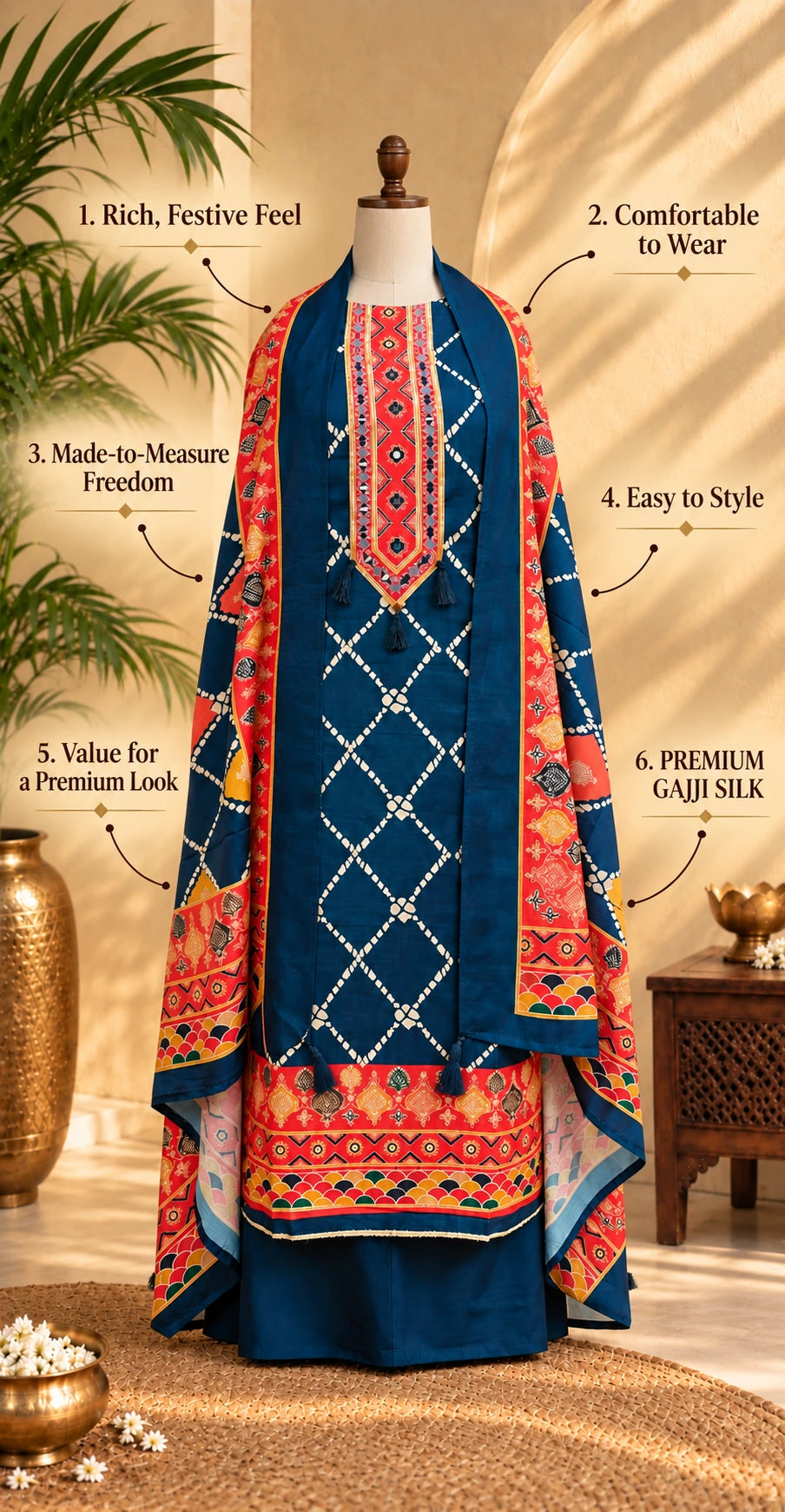 Royal Bandhani Elegance Gajji Silk Unstitched Suit Set