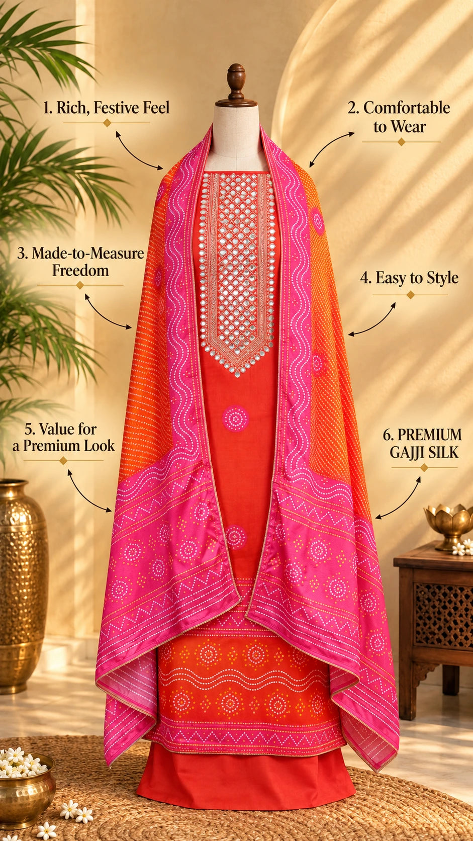 Sunset Orange Gajji Silk Unstitched Suit Set