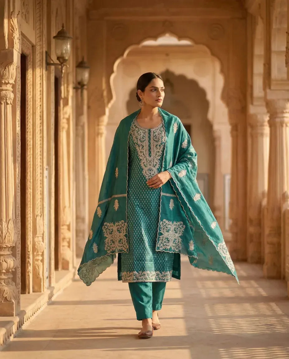 Emerald Grace Embroidered Suit Set