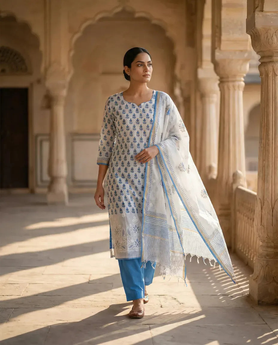 Ivory Blue Handblock Print Suit Set