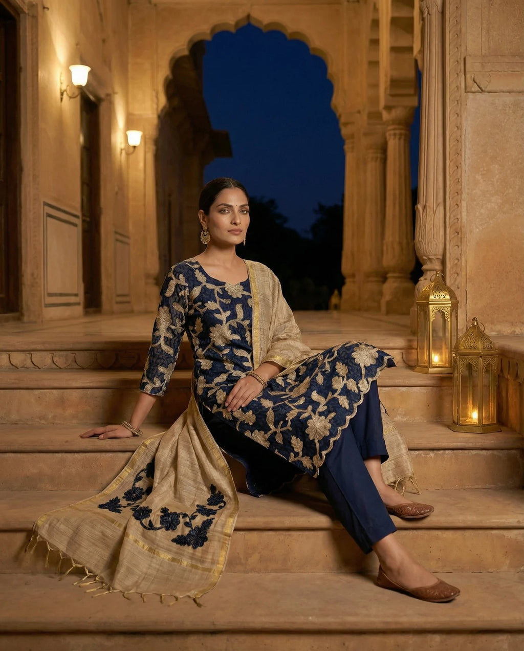 Midnight Noir Floral Embroidered Suit Set