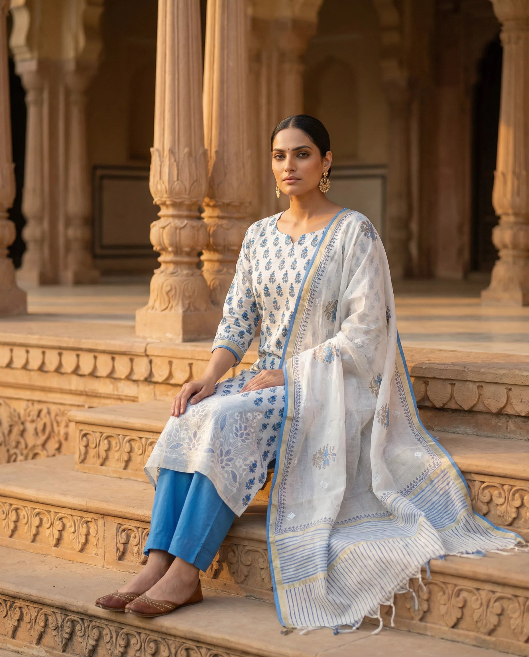 Ivory Blue Handblock Print Suit Set