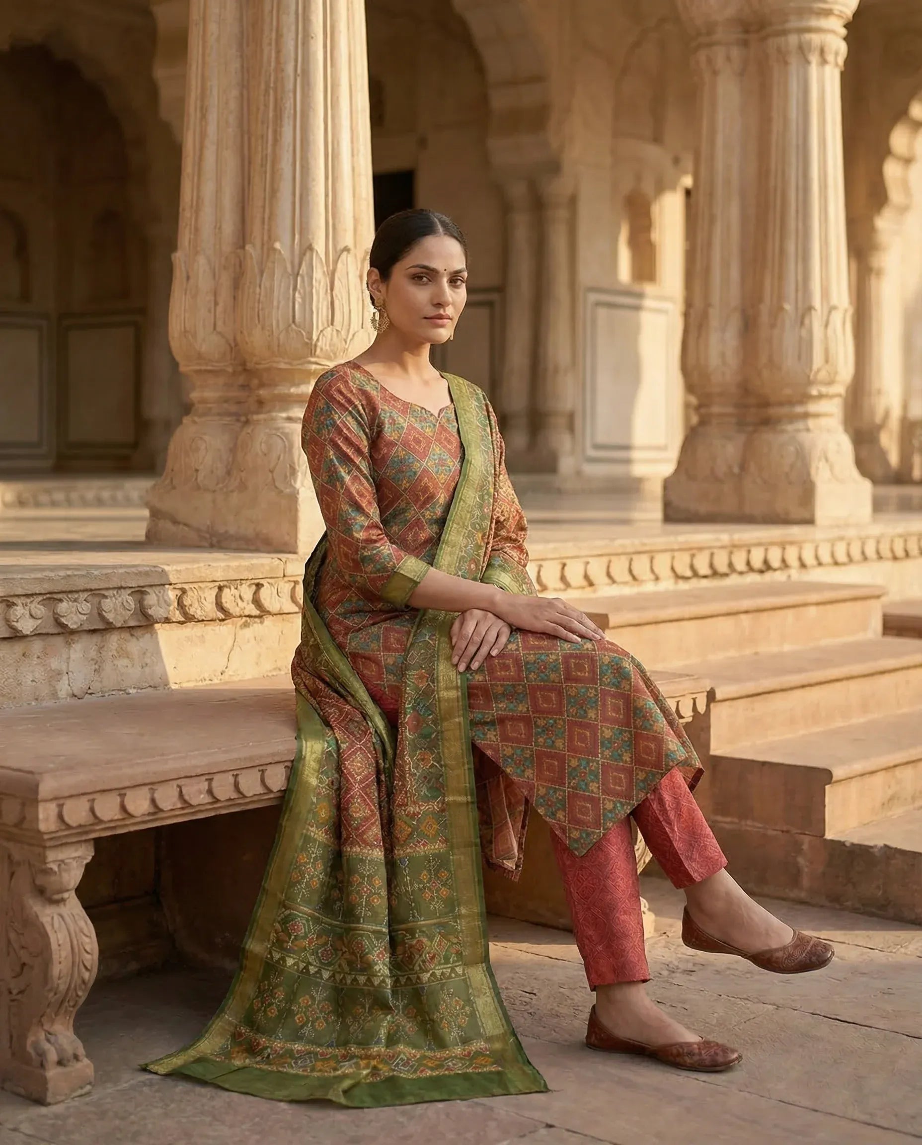 Rust & Olive Geometric Printed Suit Set