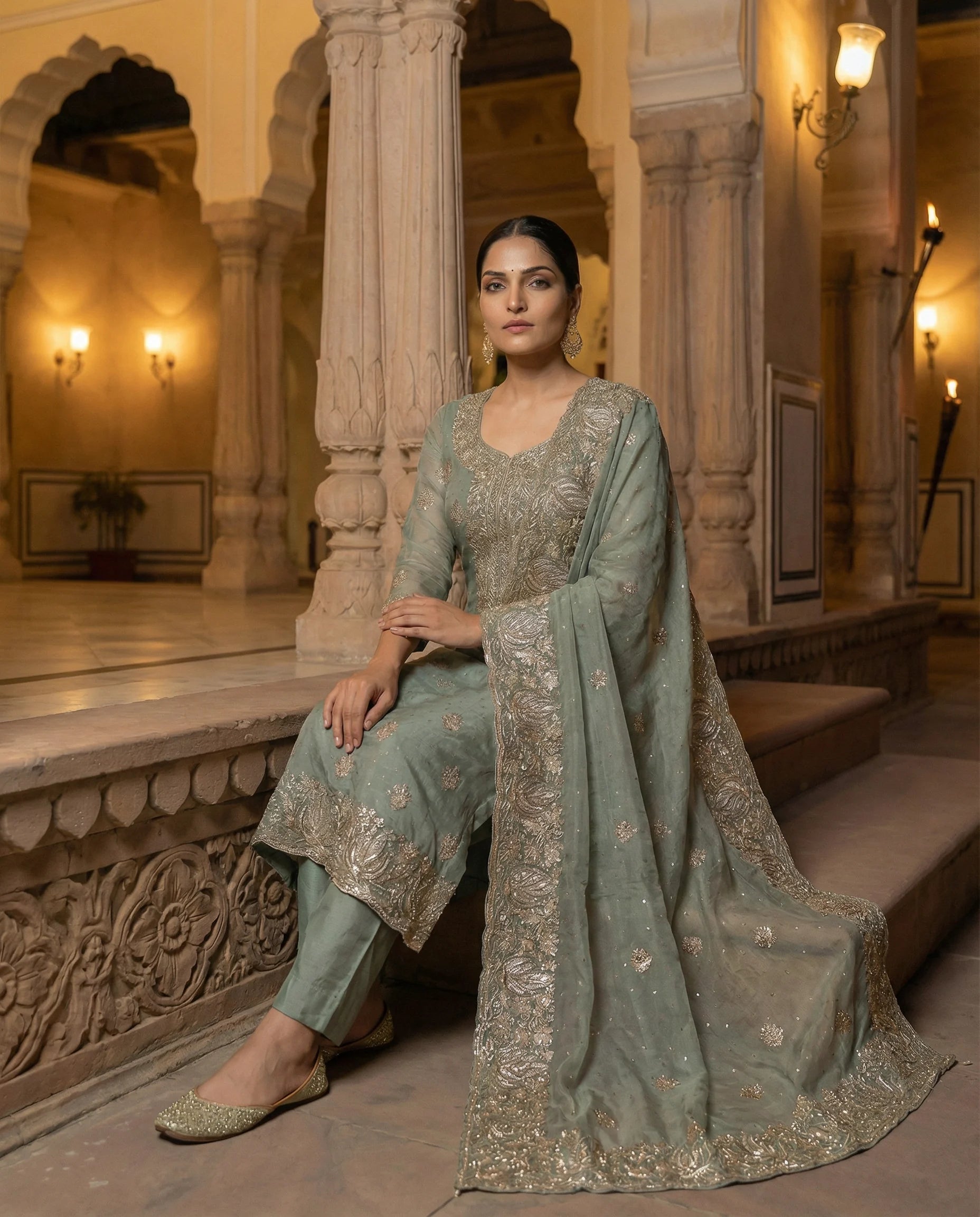 Sage Mist Embroidered Elegance Suit Set