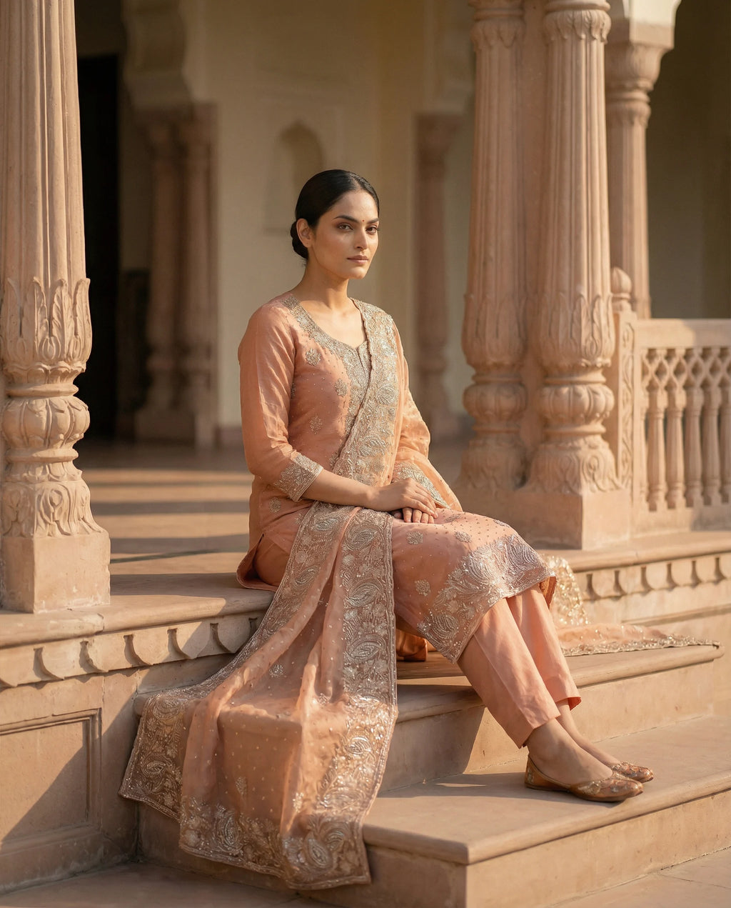 Peach Blossom Embroidered Elegance Suit Set