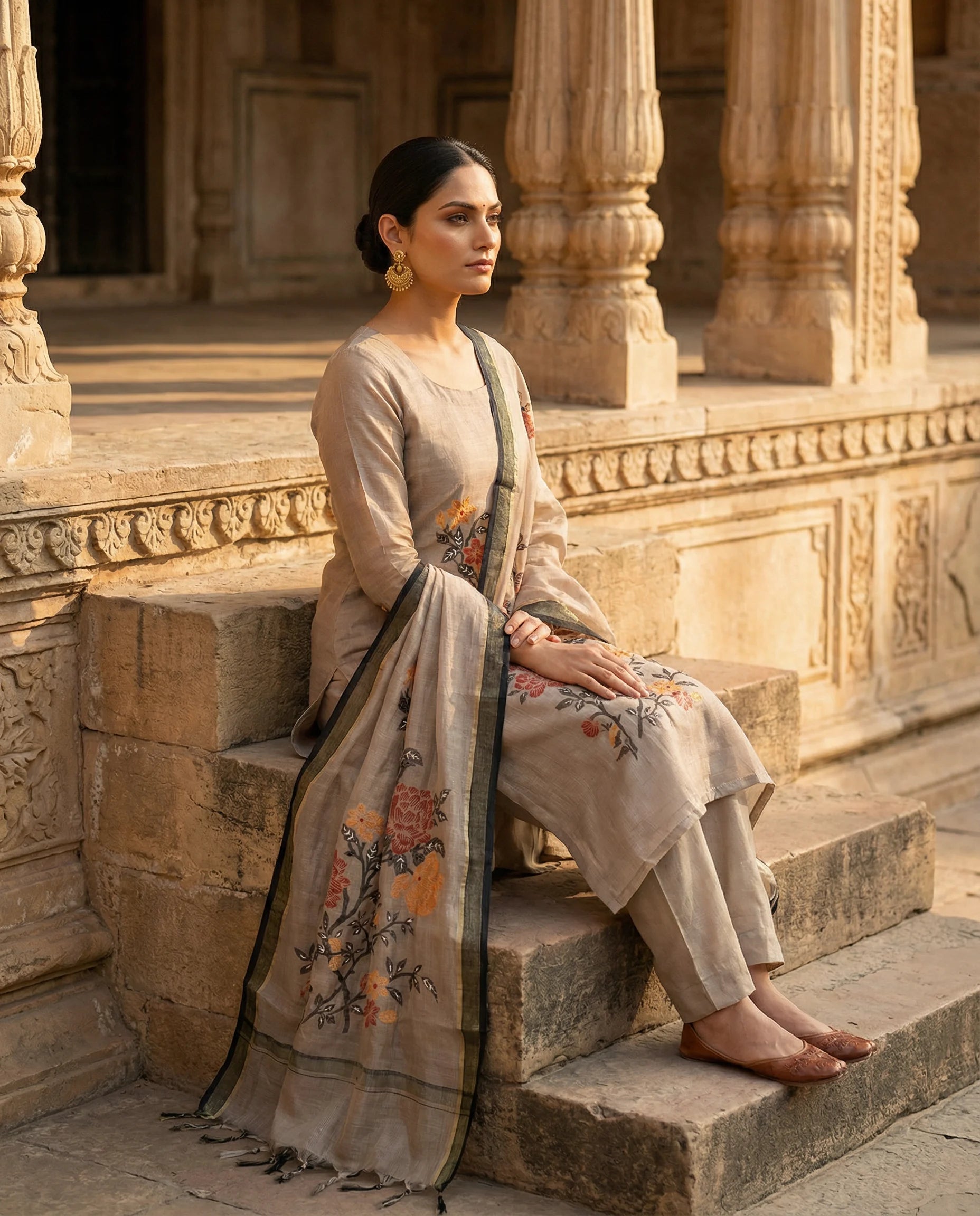 Elegant Taupe Floral Printed Suit Set