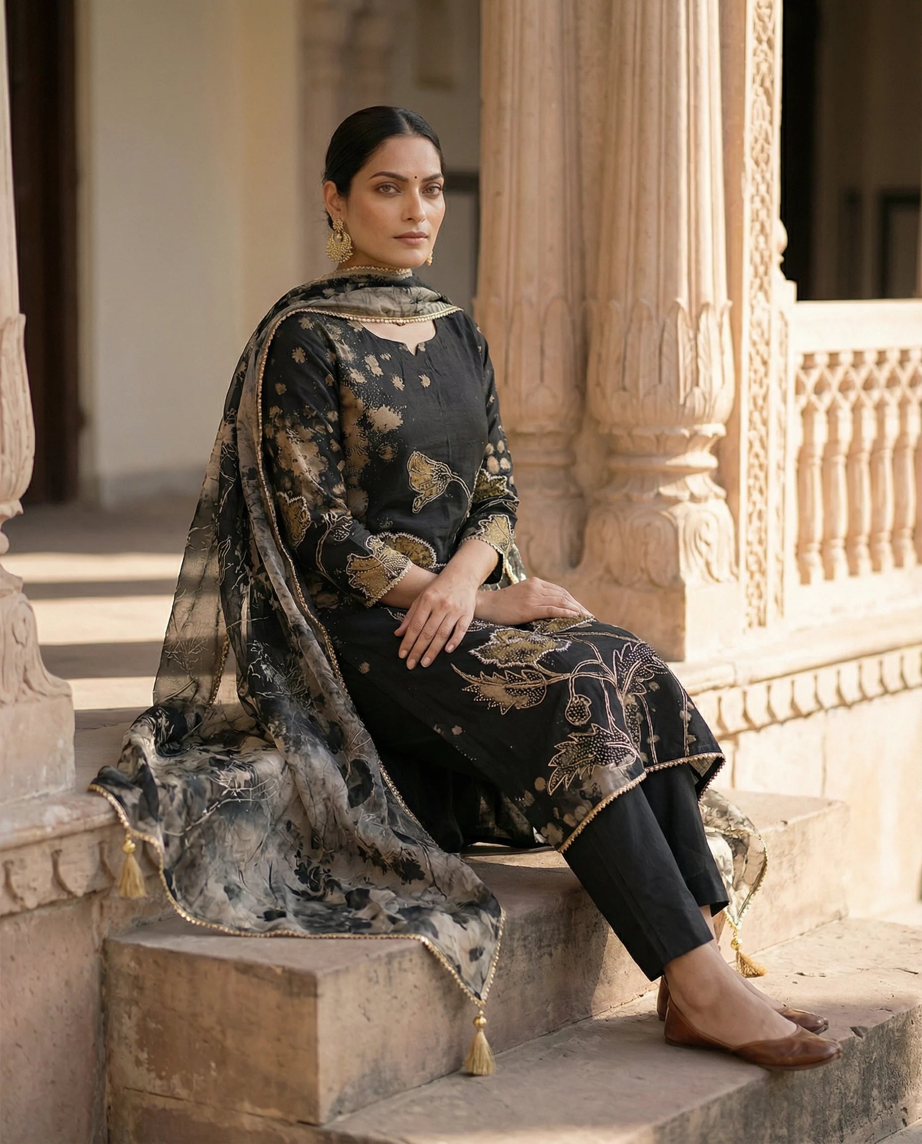 Noir Blossom Embroidered Suit Set