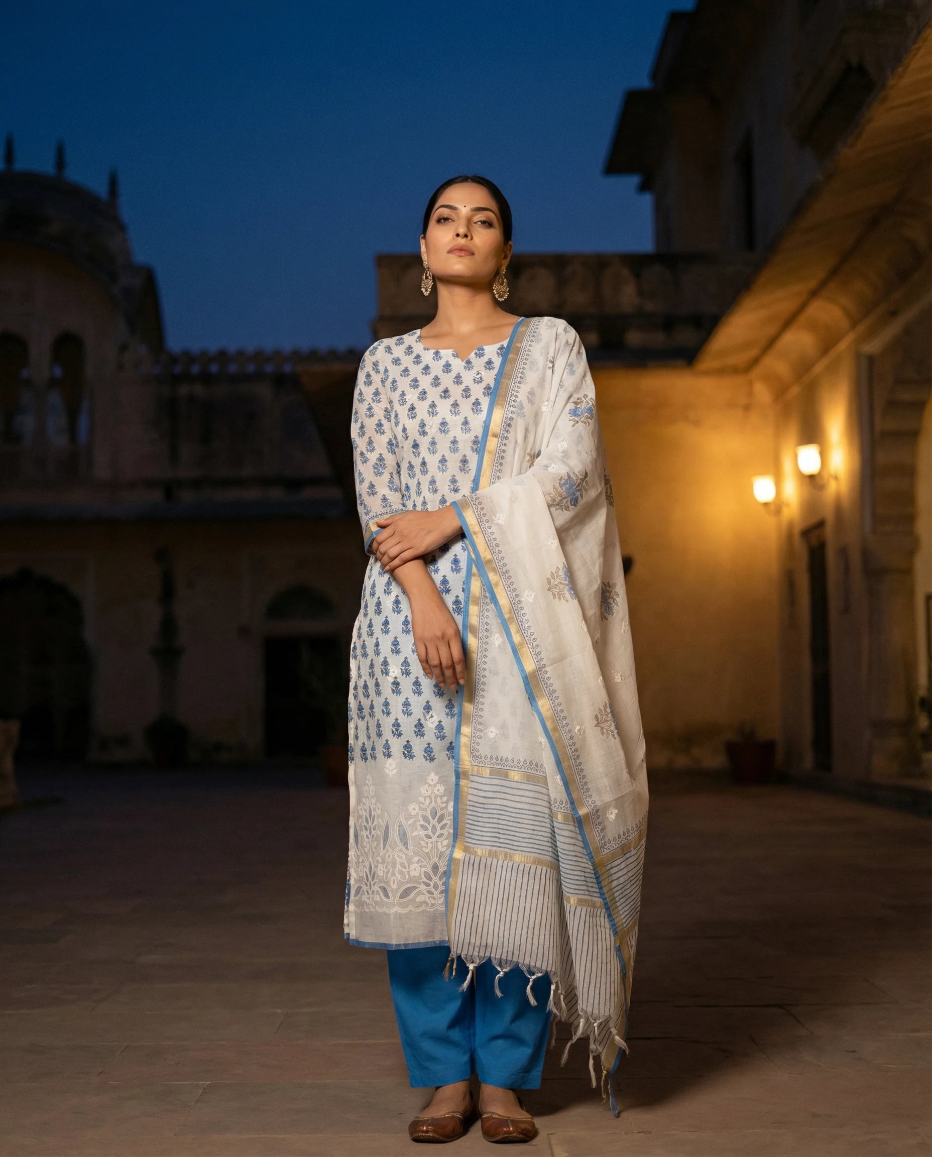 Ivory Blue Handblock Print Suit Set