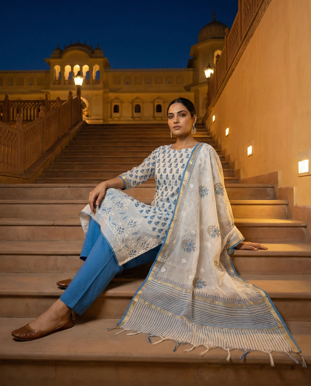 Ivory Blue Handblock Print Suit Set
