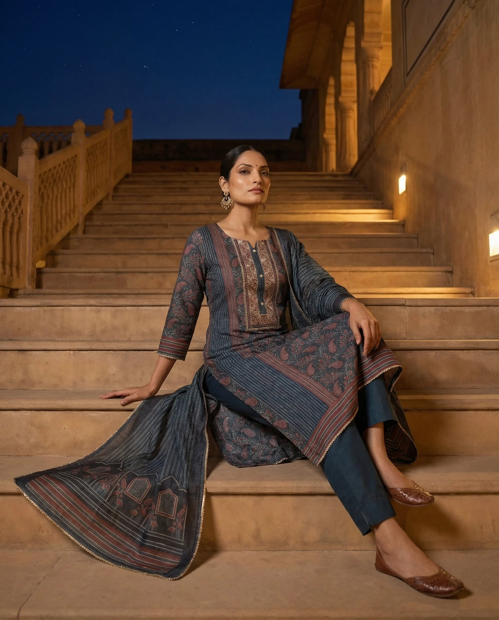 Midnight Slate Printed Suit Set