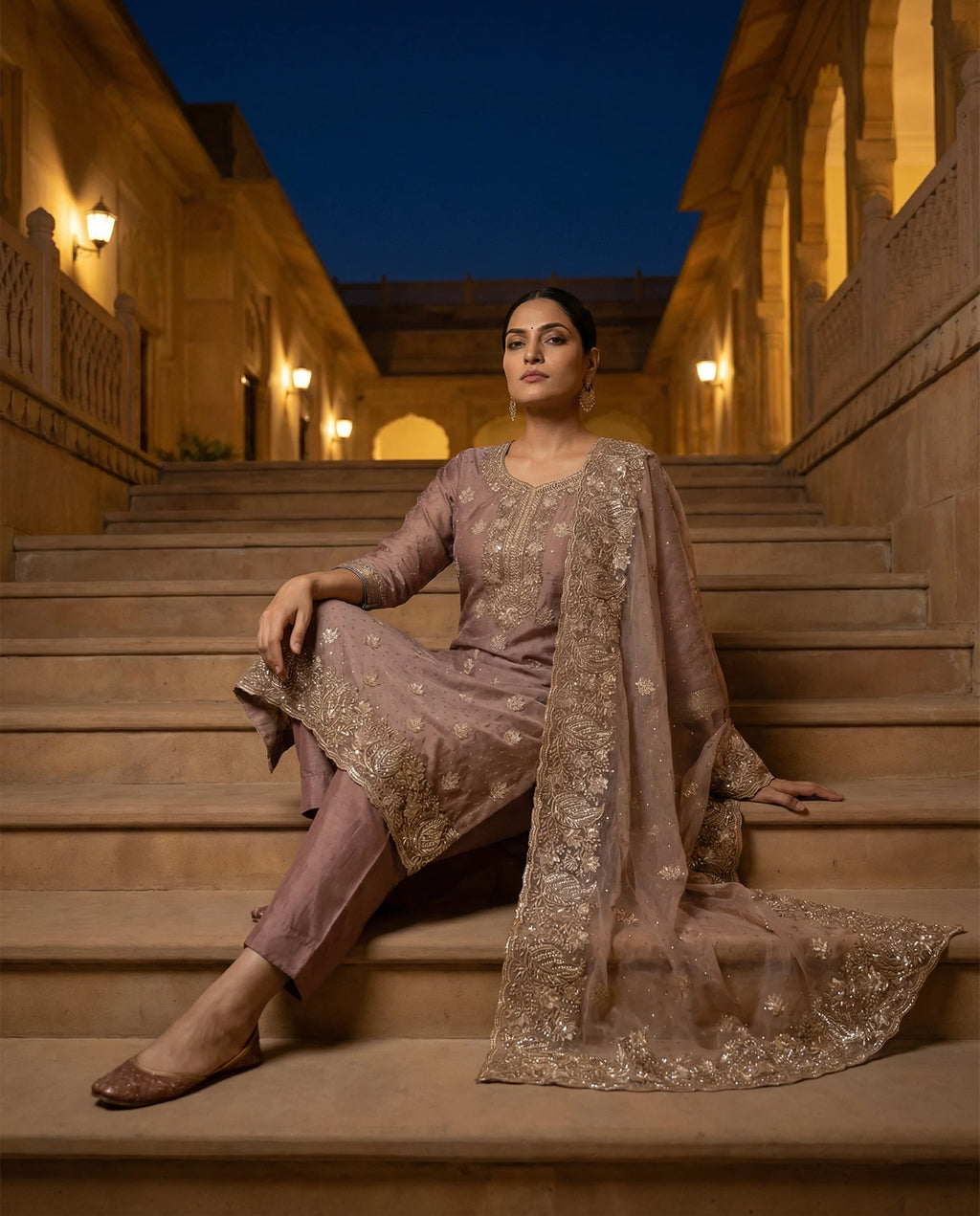 Dusty Rose Regal Embroidered Suit Set