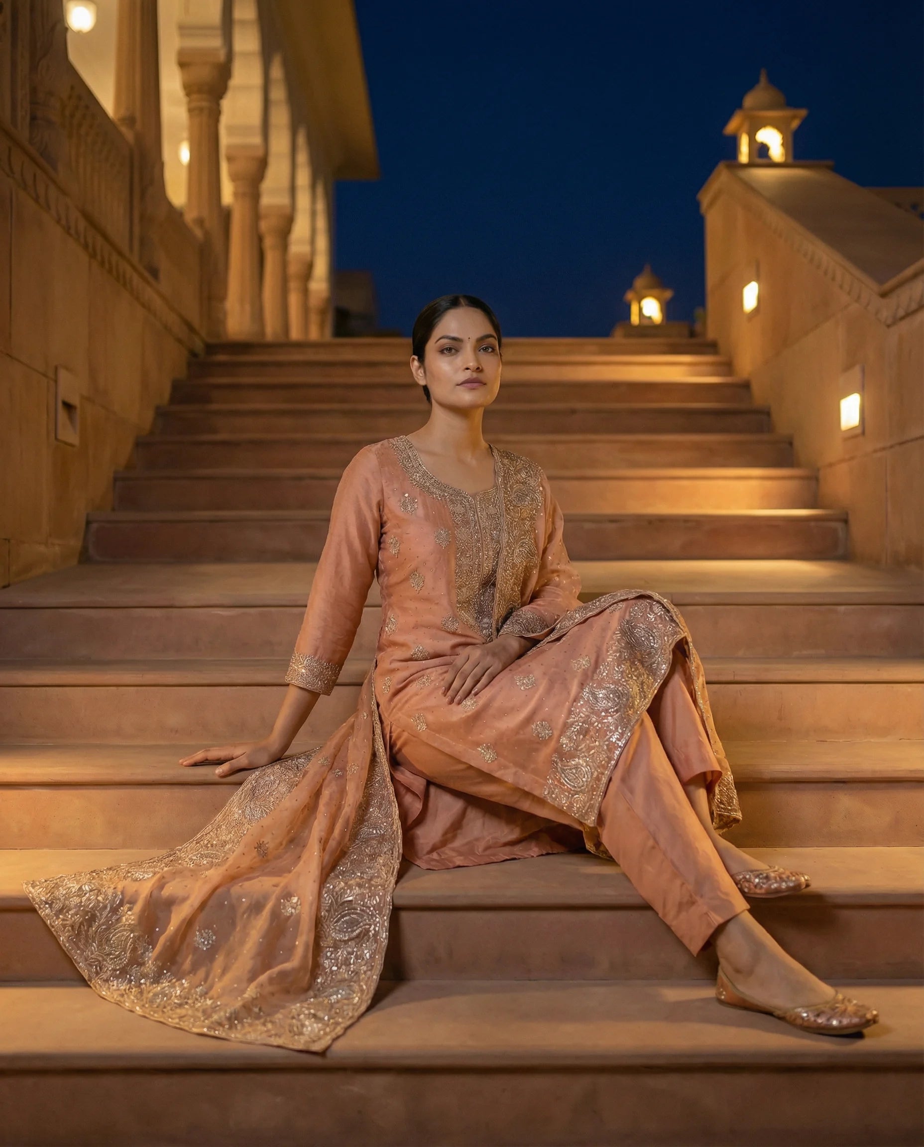 Peach Blossom Embroidered Elegance Suit Set