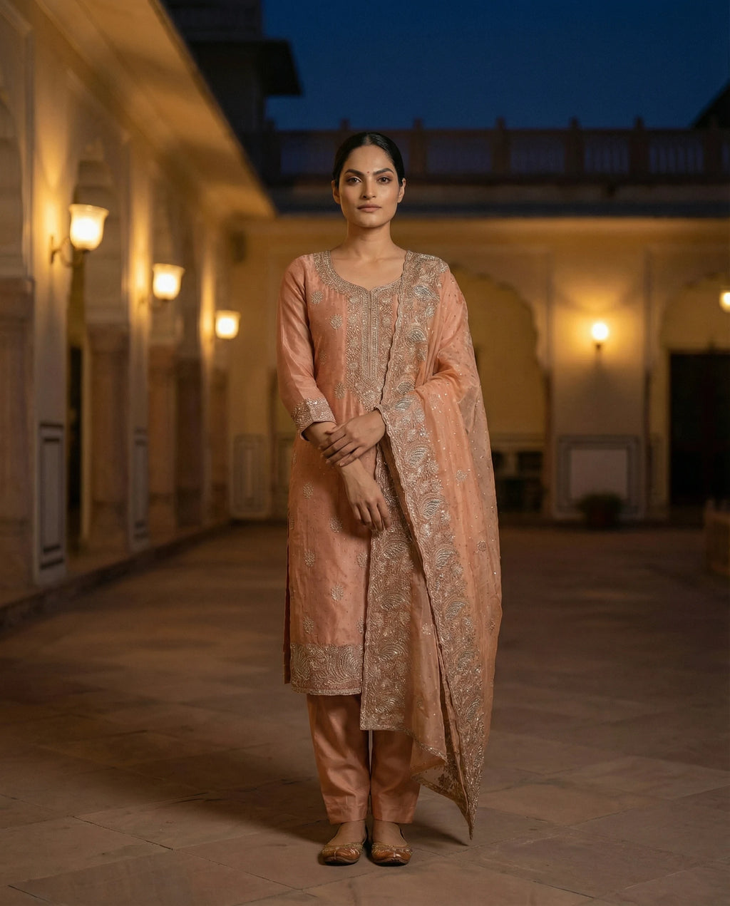 Peach Blossom Embroidered Elegance Suit Set