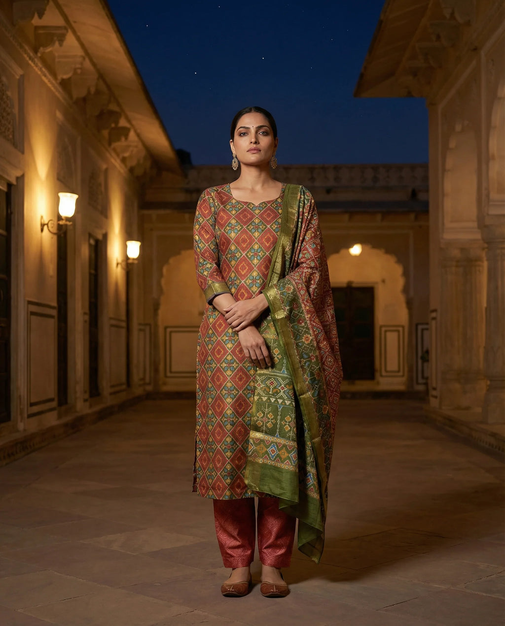 Rust & Olive Geometric Printed Suit Set