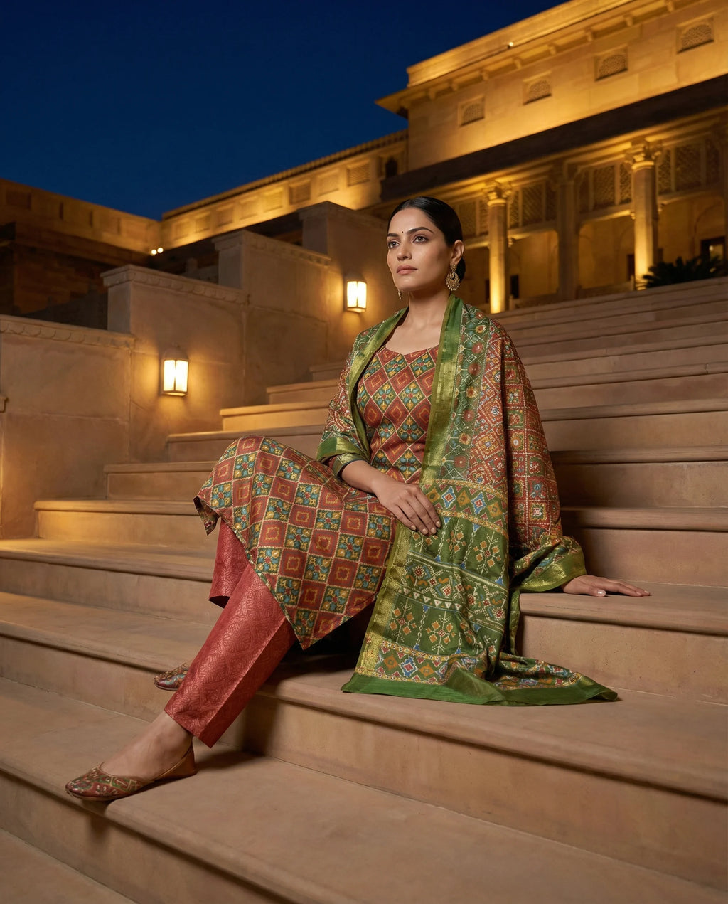 Rust & Olive Geometric Printed Suit Set