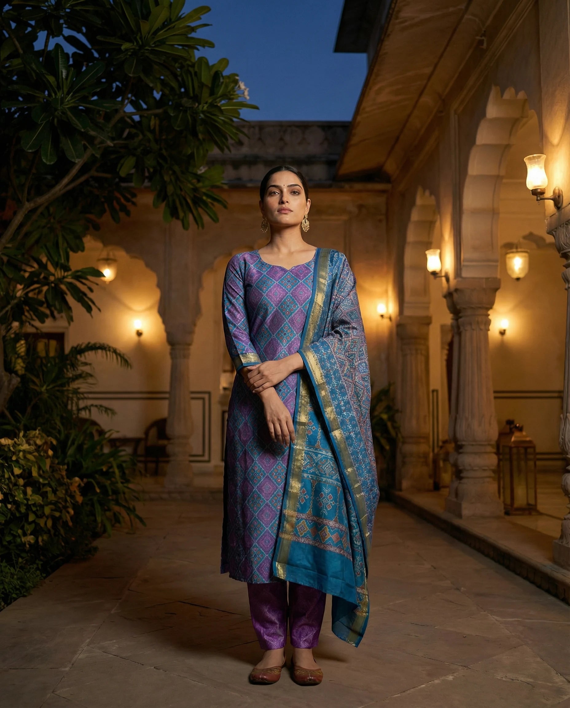 Royal Indigo & Plum Geometric Printed Suit Set