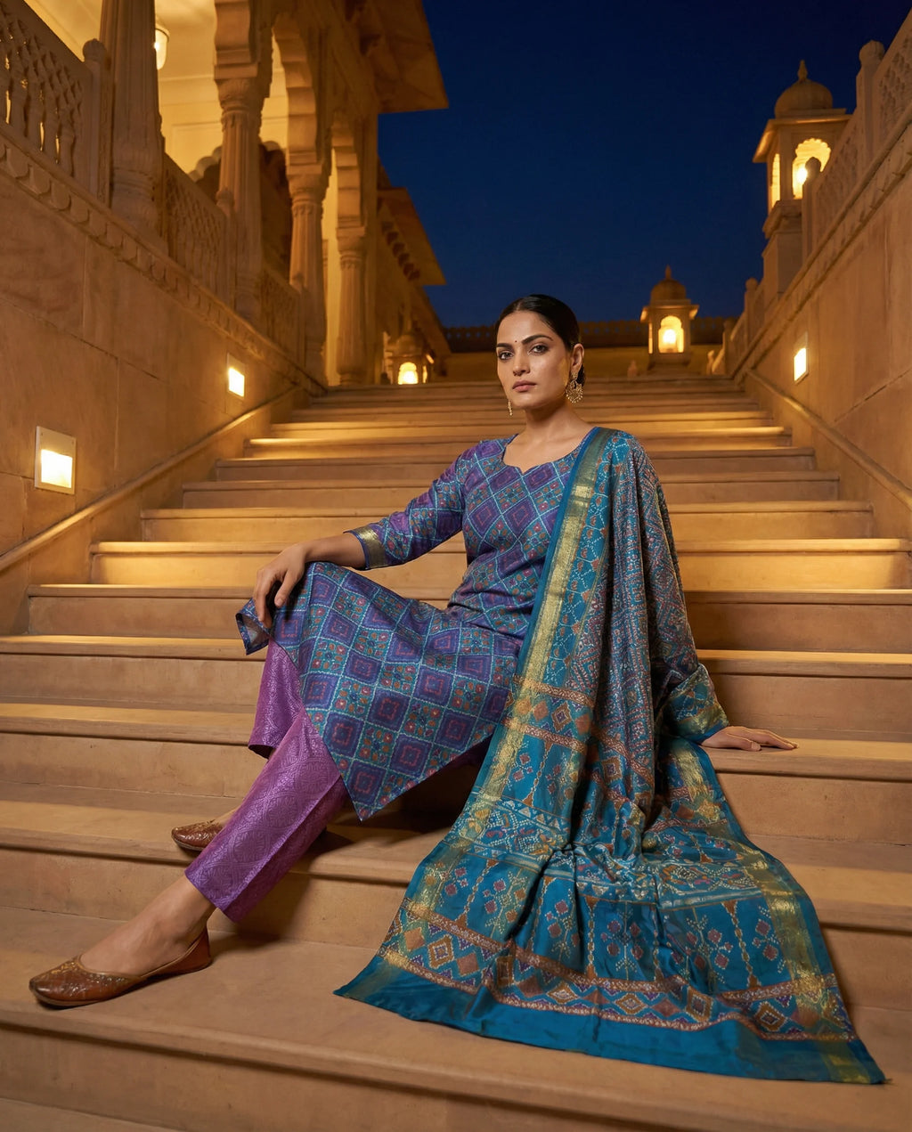 Royal Indigo & Plum Geometric Printed Suit Set