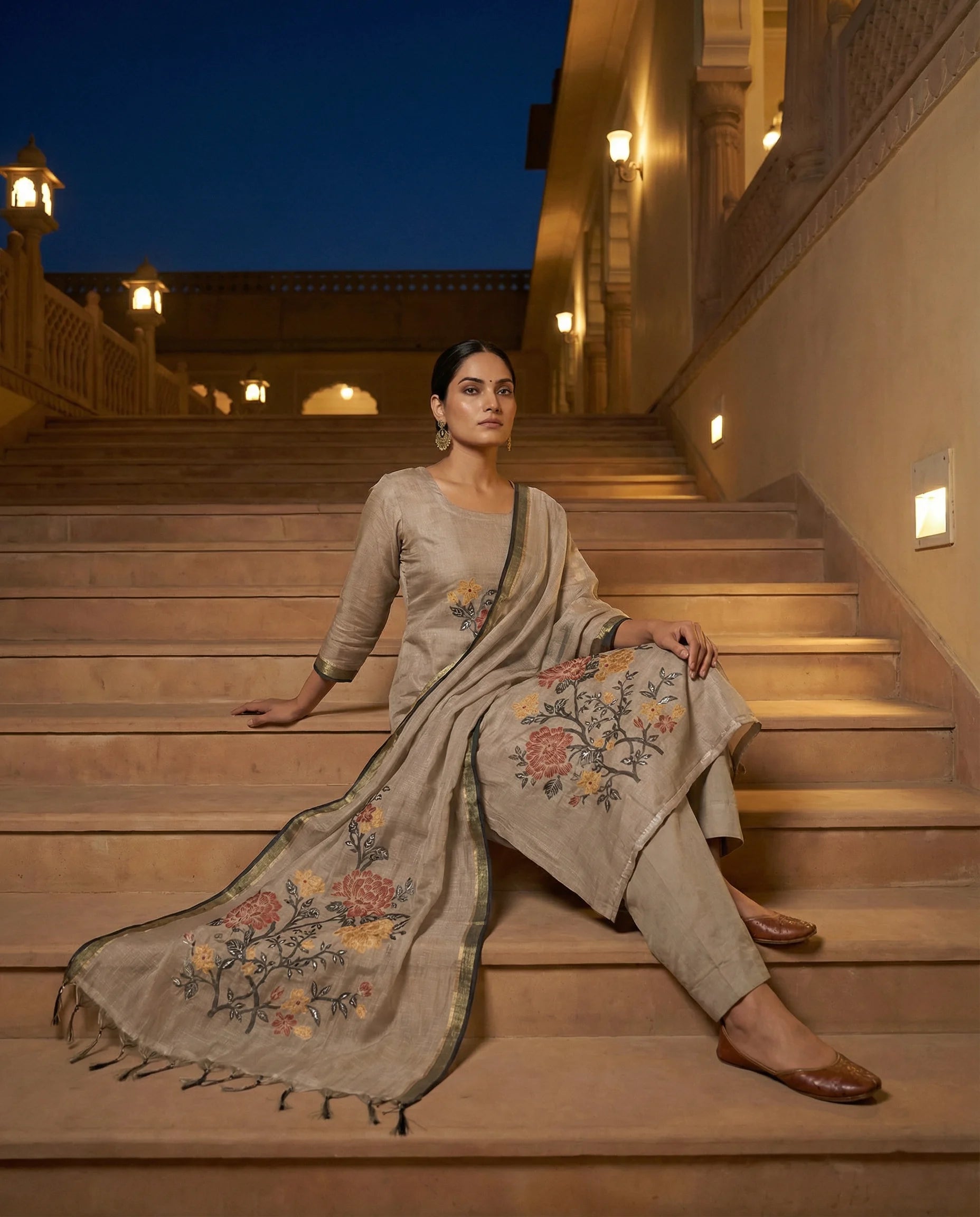Elegant Taupe Floral Printed Suit Set