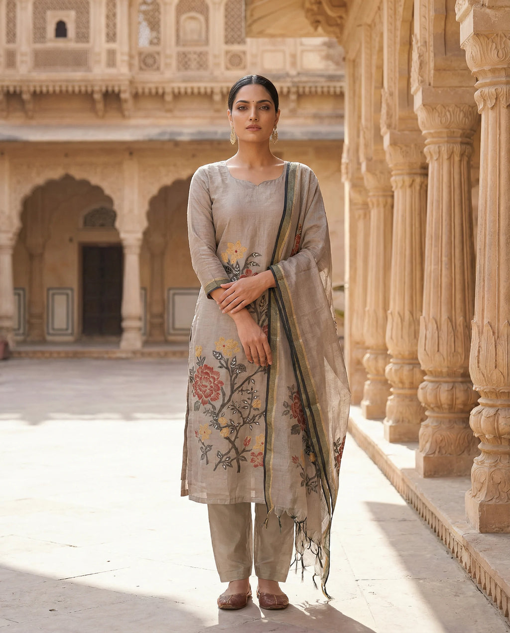 Elegant Taupe Floral Printed Suit Set