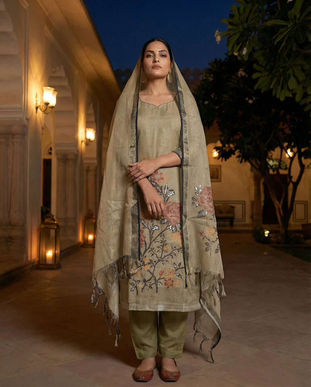 Golden Beige Floral Elegance Suit Set