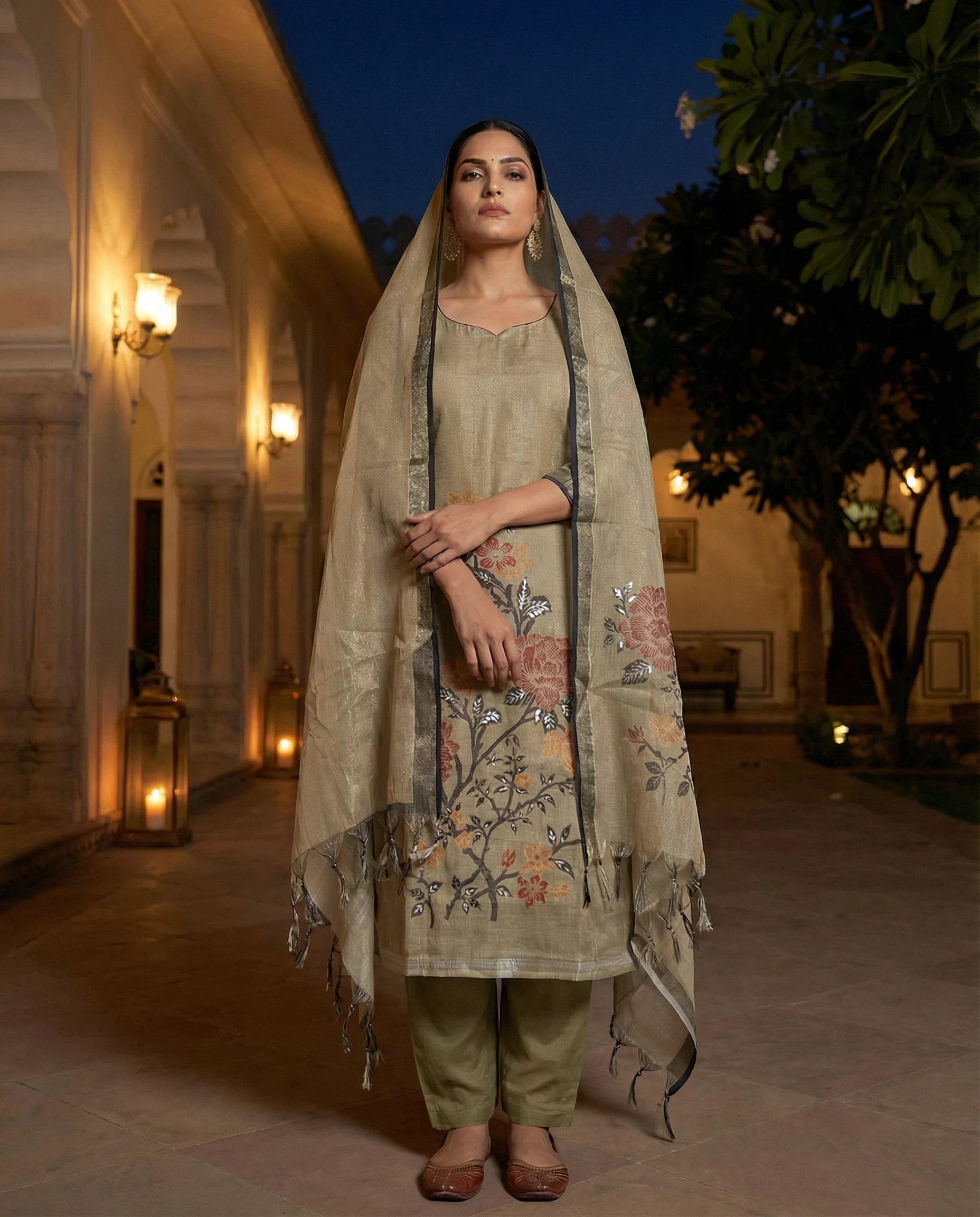 Golden Beige Floral Elegance Suit Set