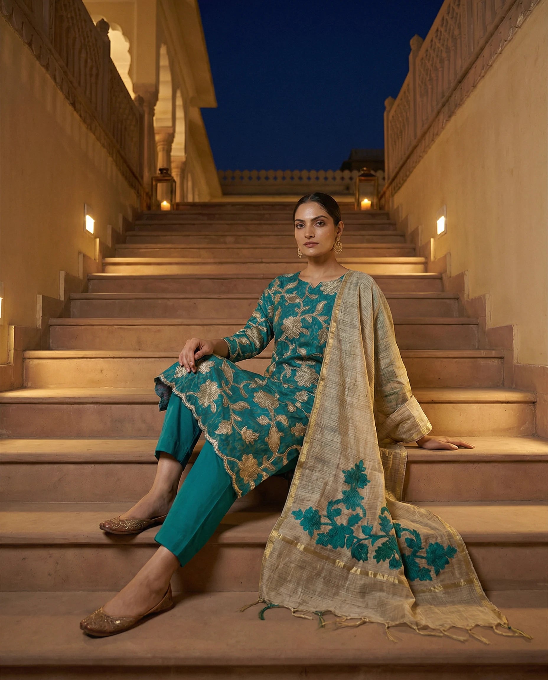 Emerald Vine Embroidered Suit Set