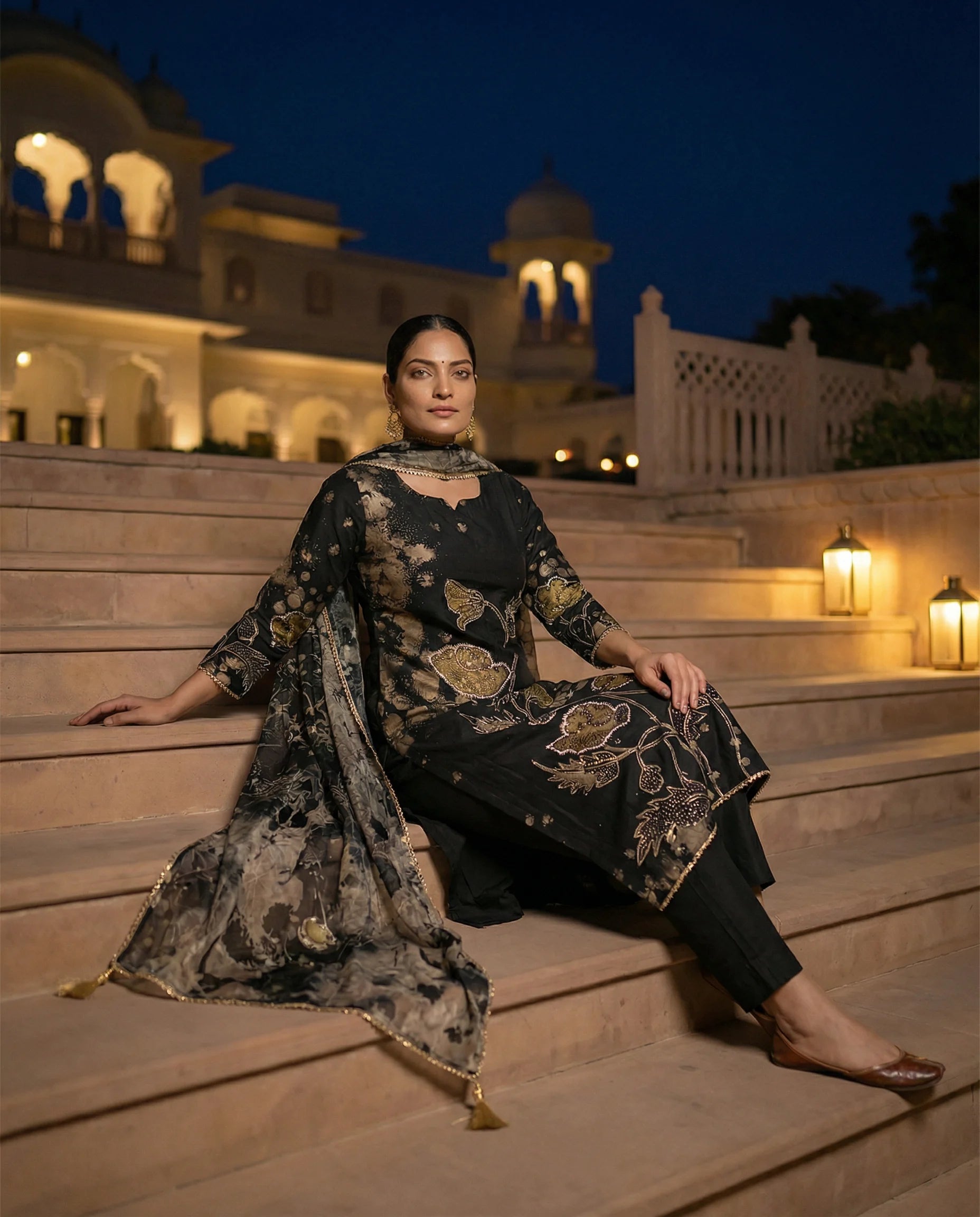 Noir Blossom Embroidered Suit Set