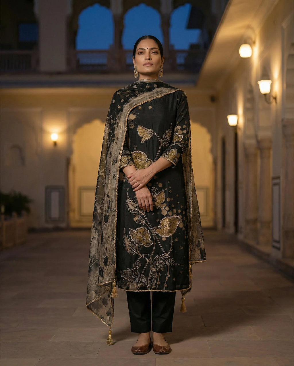 Noir Blossom Embroidered Suit Set